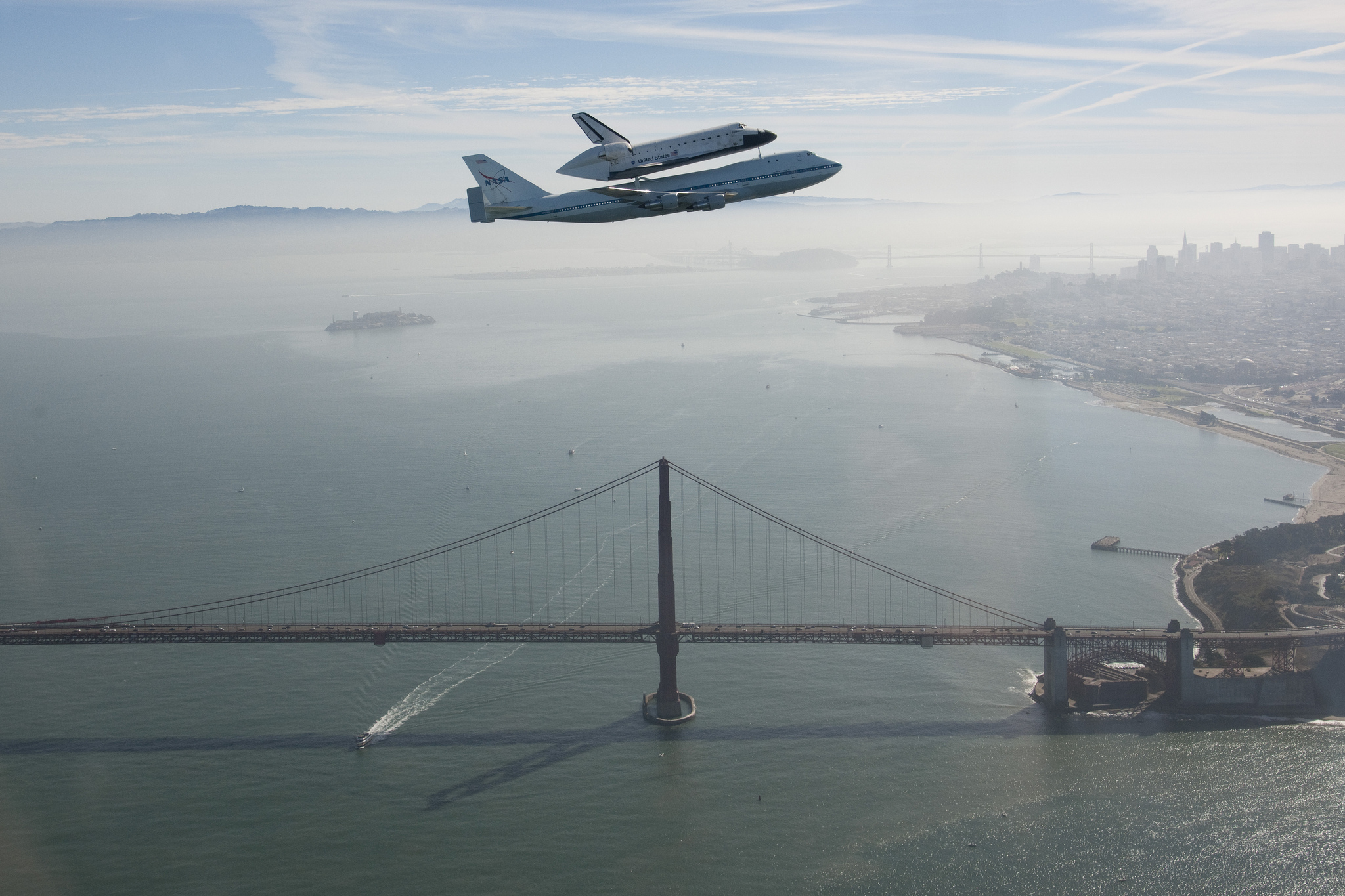 shuttle, airplane, vehicles, space shuttle endeavour, aerial, bridge, golden gate, nasa, ocean, san francisco, space shuttle, space shuttles