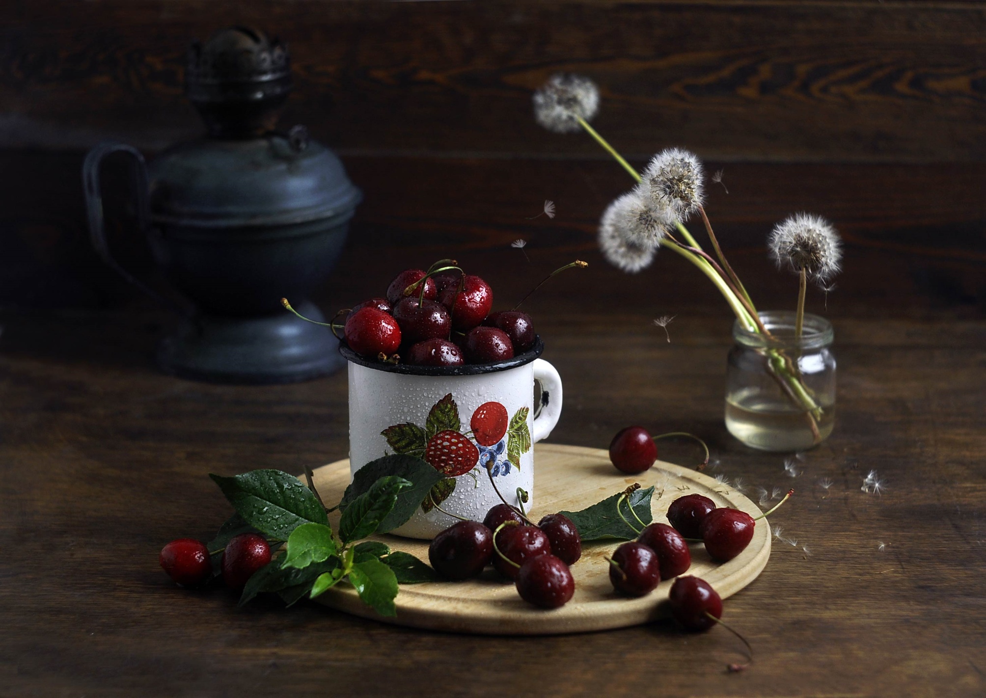 Download mobile wallpaper Fruits, Food, Cherry, Still Life, Fruit, Dandelion for free.