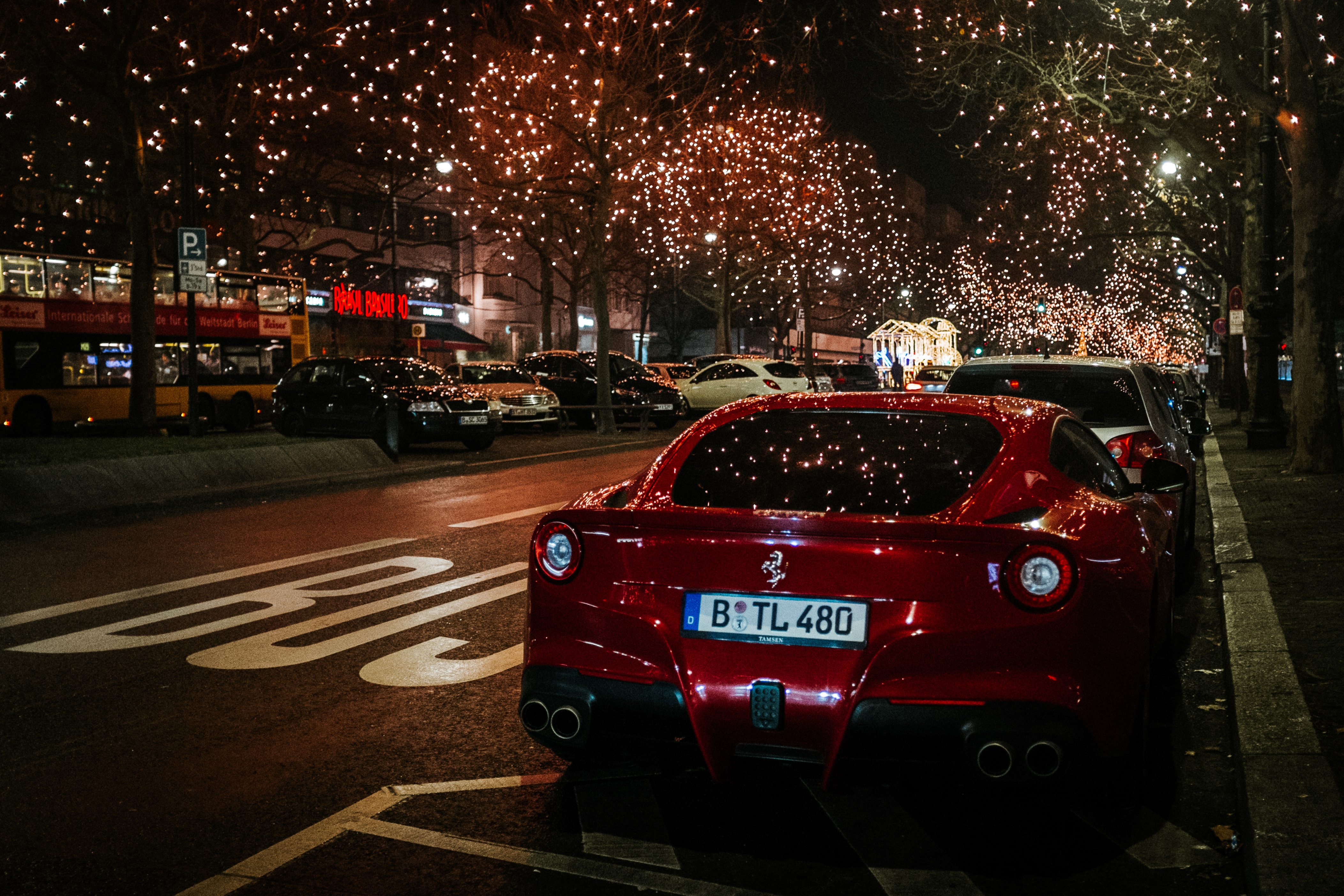 cars, back view, night city, ferrari, red, rear view, scenery Desktop Wallpaper