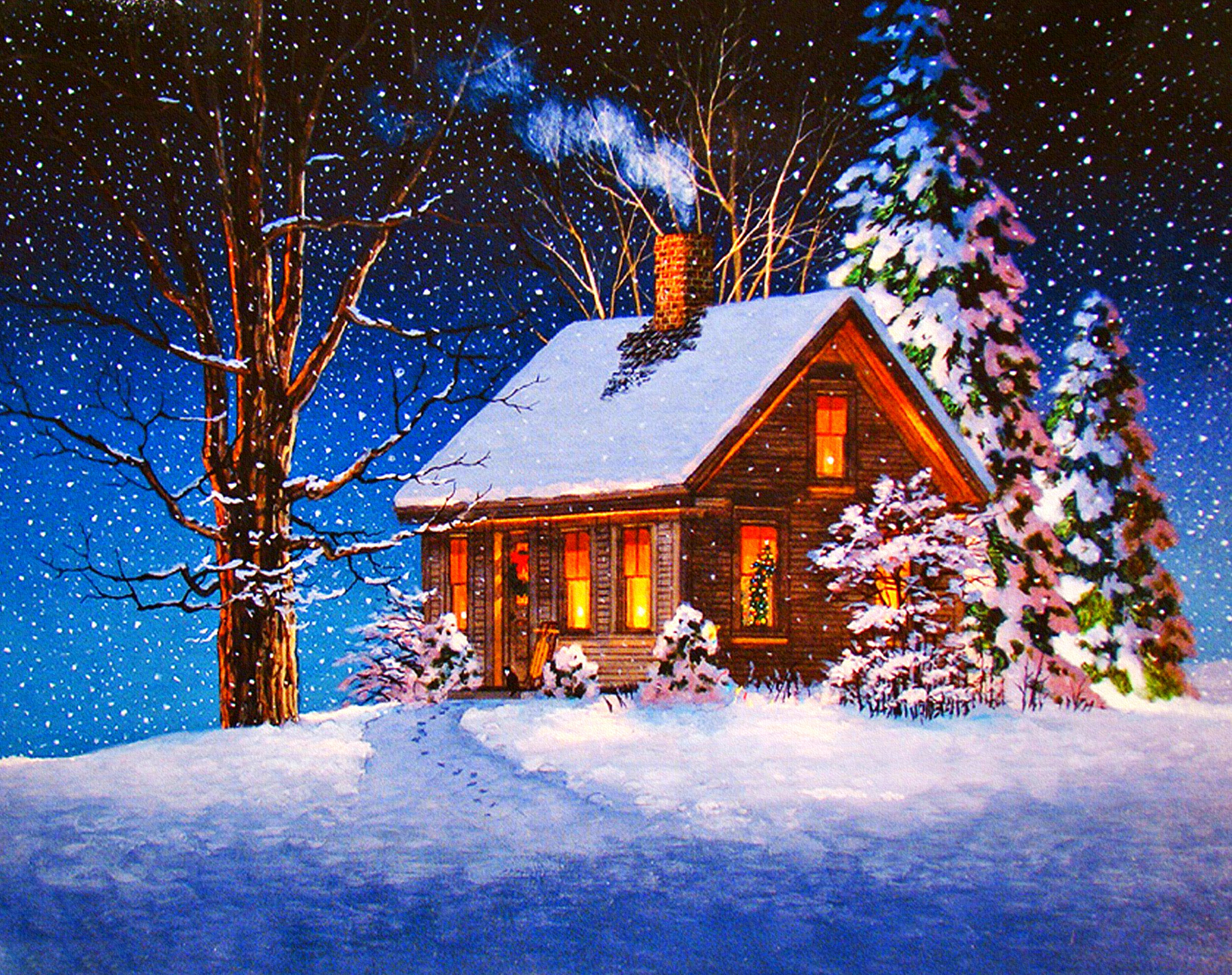Скачать обои бесплатно Зима, Снег, Дерево, Рождество, Дом, Домик, Снегопад, Праздничные картинка на рабочий стол ПК