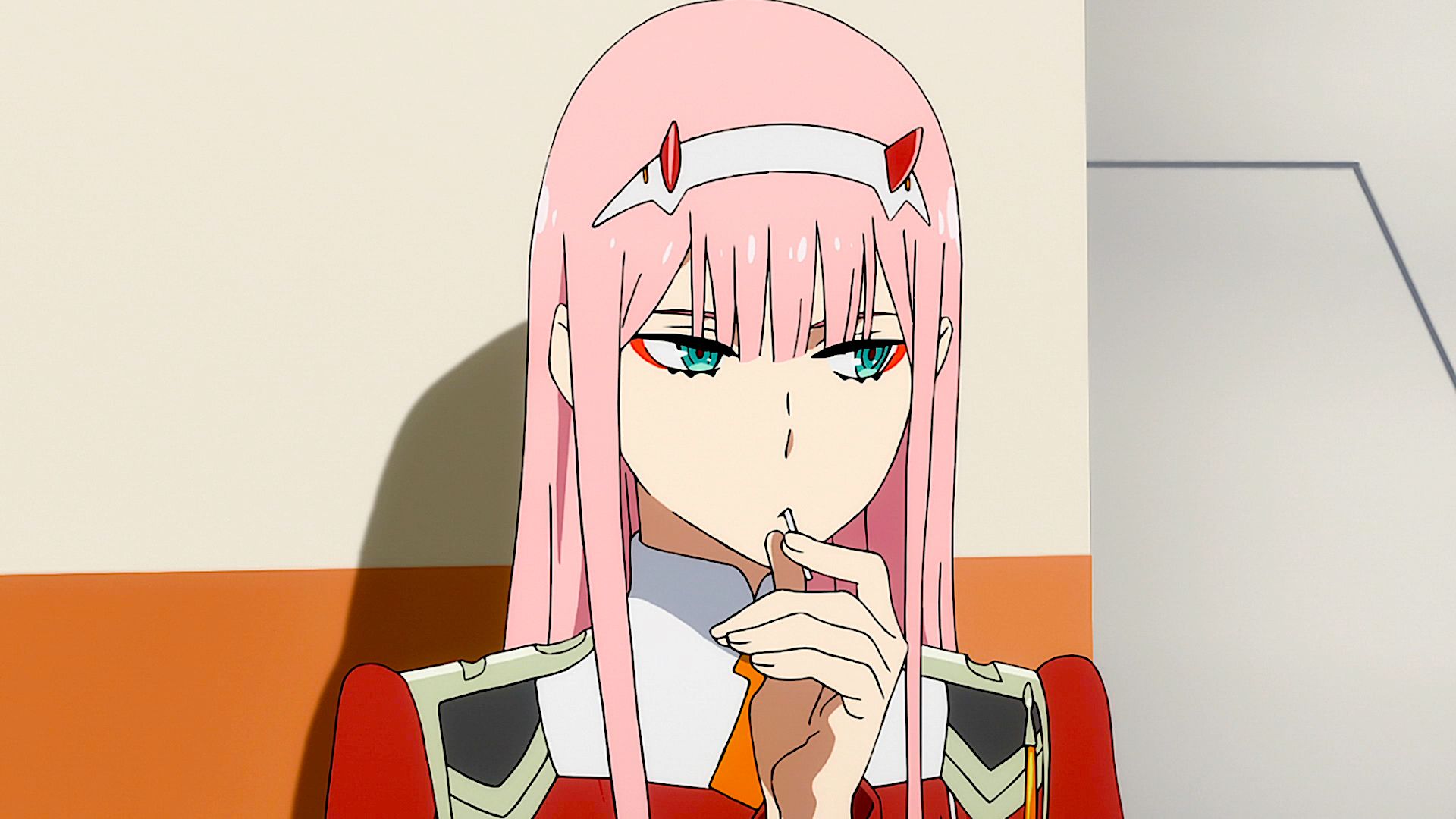 zero two (darling in the franxx), darling in the franxx, anime, green eyes, horns, pink hair