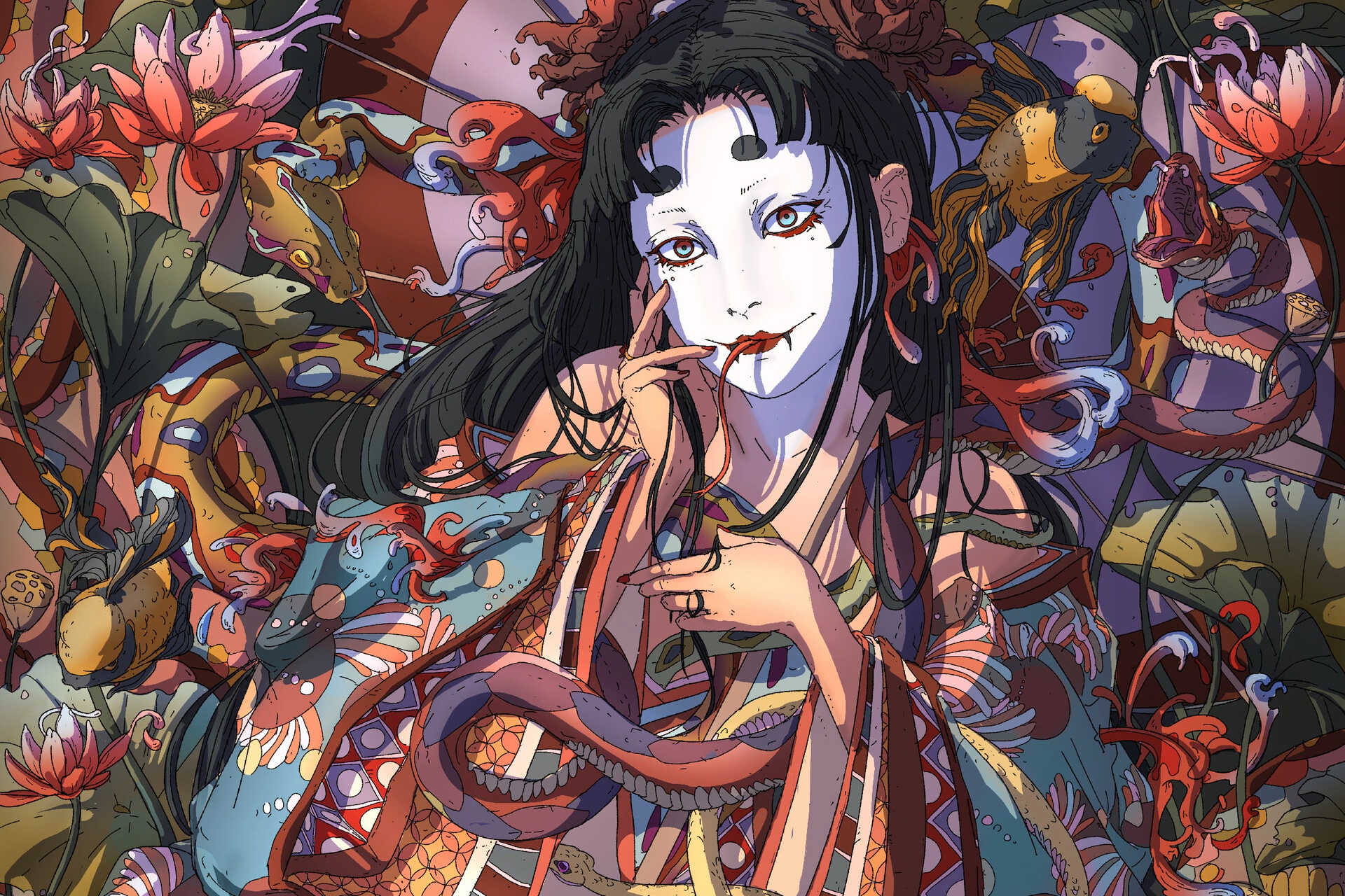 Free download wallpaper Fantasy, Flower, Snake, Makeup, Geisha, Asian, Black Hair on your PC desktop