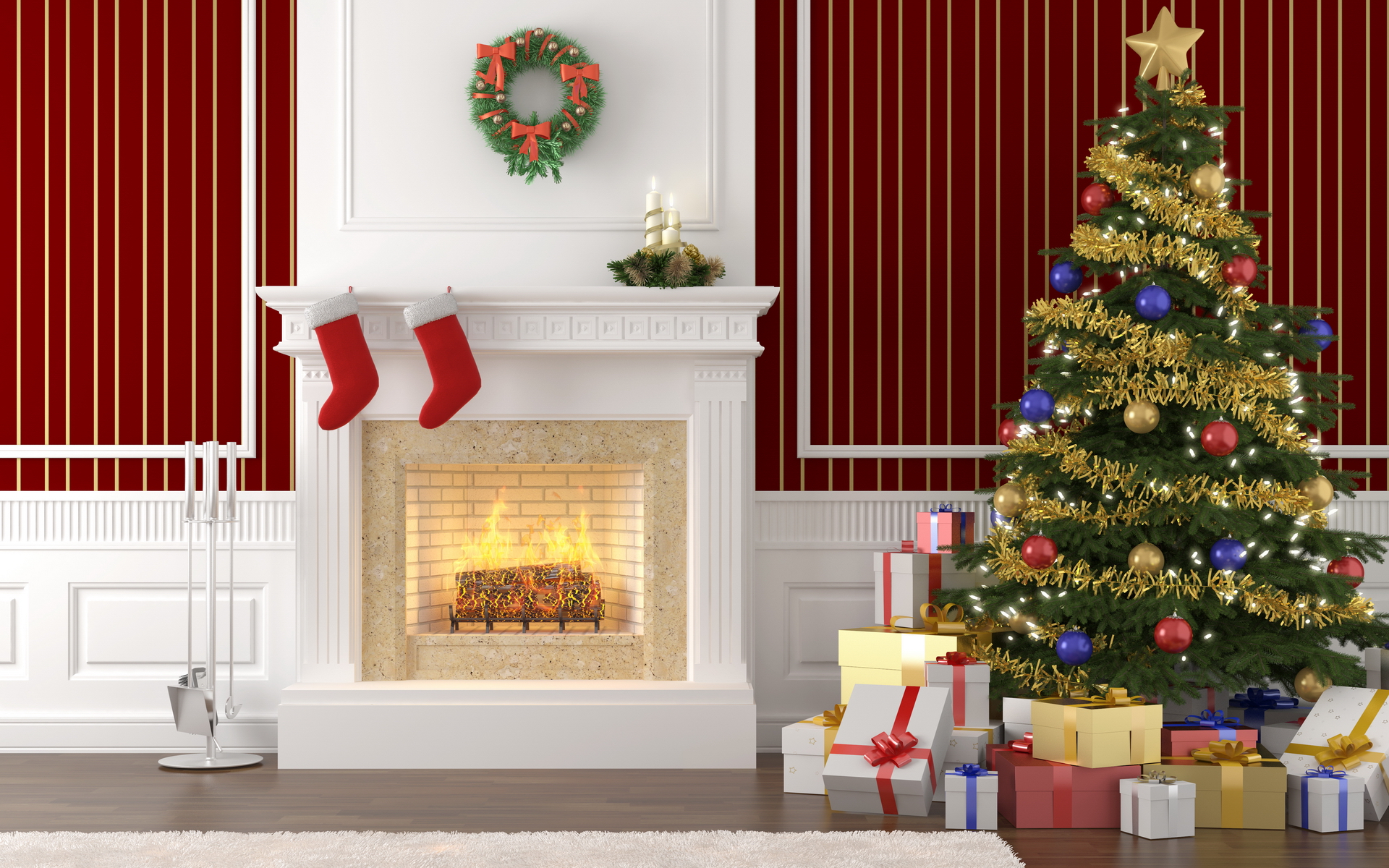 Handy-Wallpaper Feiertage, Weihnachten, 3D, Geschenk, Weihnachtsschmuck, Weihnachtsbaum, Kamin kostenlos herunterladen.