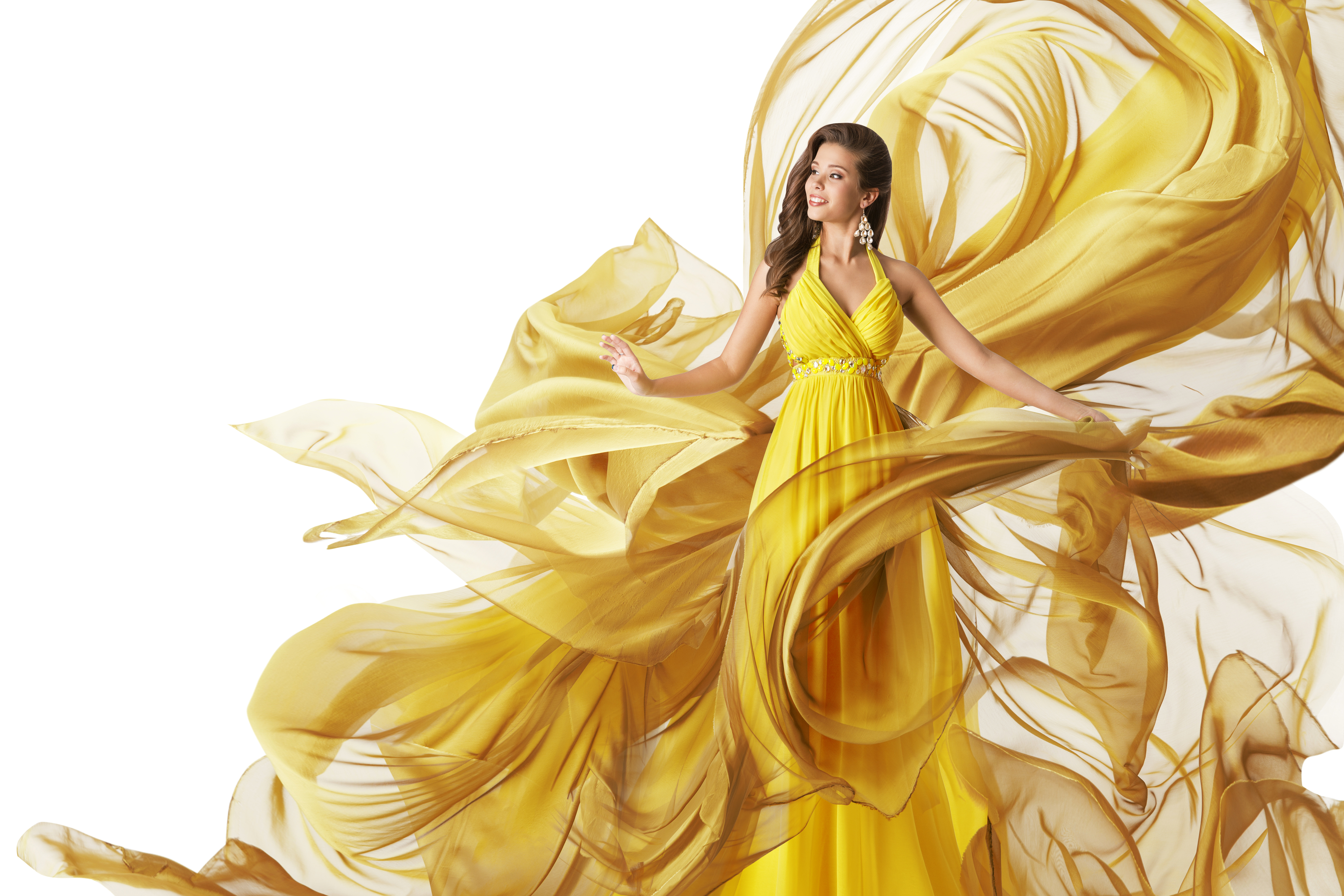 Download mobile wallpaper Smile, Brunette, Model, Women, Earrings, Yellow Dress for free.