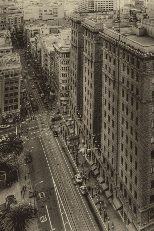 Download mobile wallpaper Cities, City, Building, Vintage, Street, San Francisco, Hotel, Man Made, Black & White for free.