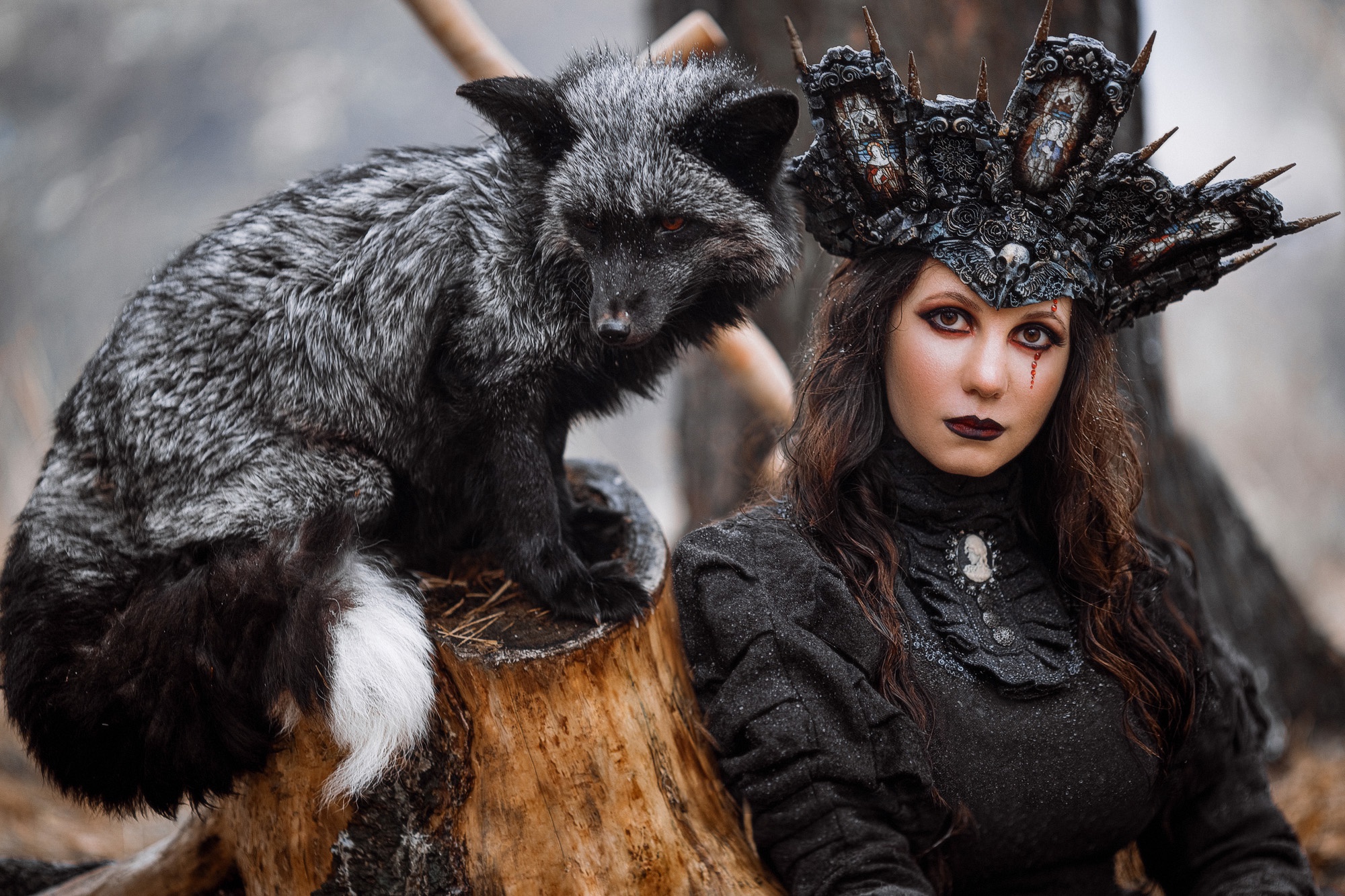 women, model, headdress, silver fox (animal)