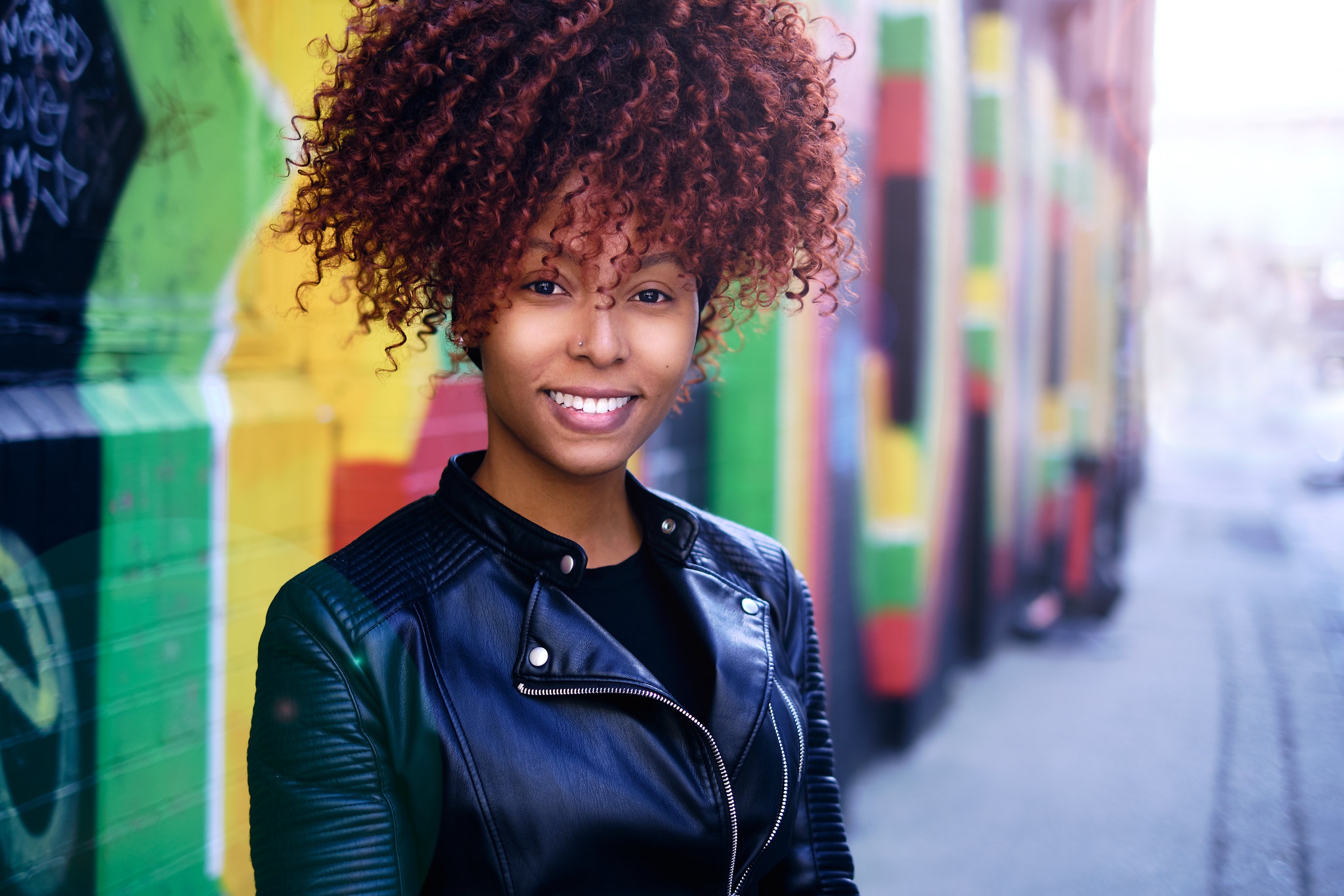 Download mobile wallpaper Smile, Brunette, Model, Women, Depth Of Field, Leather Jacket for free.