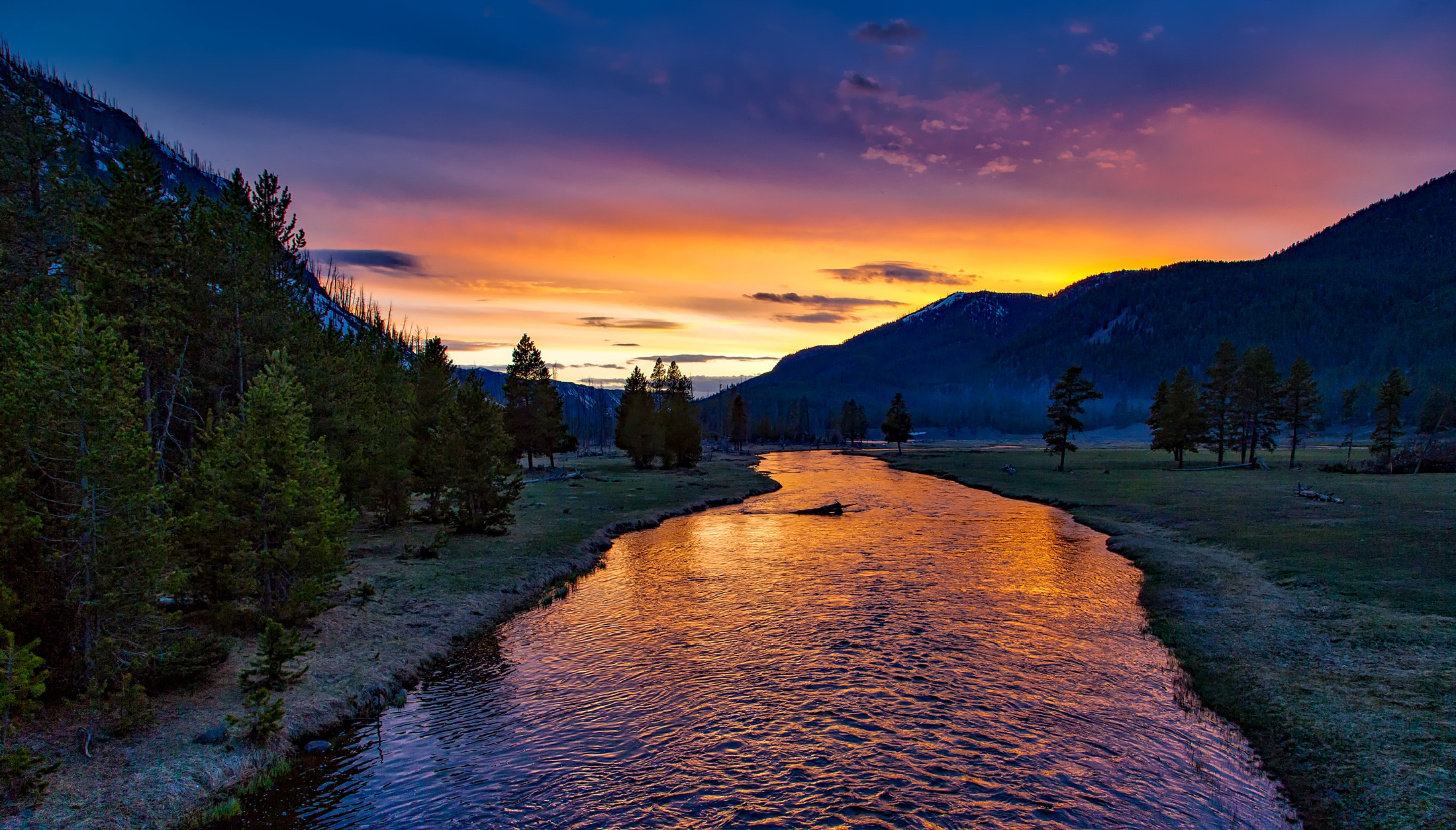 usa, national park, hdr, wilderness, nature, earth, yellowstone national park, dusk, mountain, river, scenic, sunset, tree, twilight