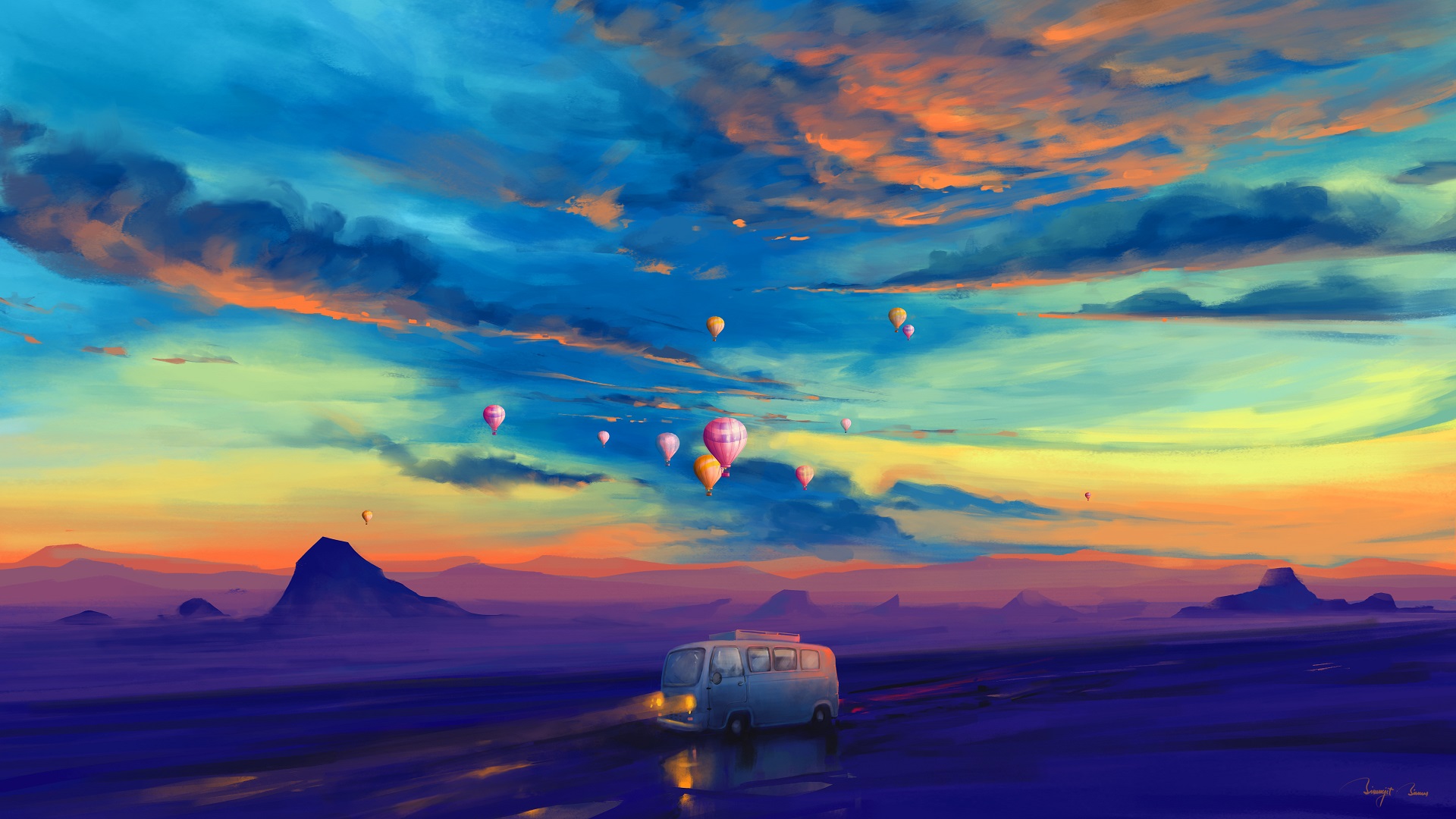 Laden Sie das Bus, Original, Himmel, Animes, Heißluftballon-Bild kostenlos auf Ihren PC-Desktop herunter