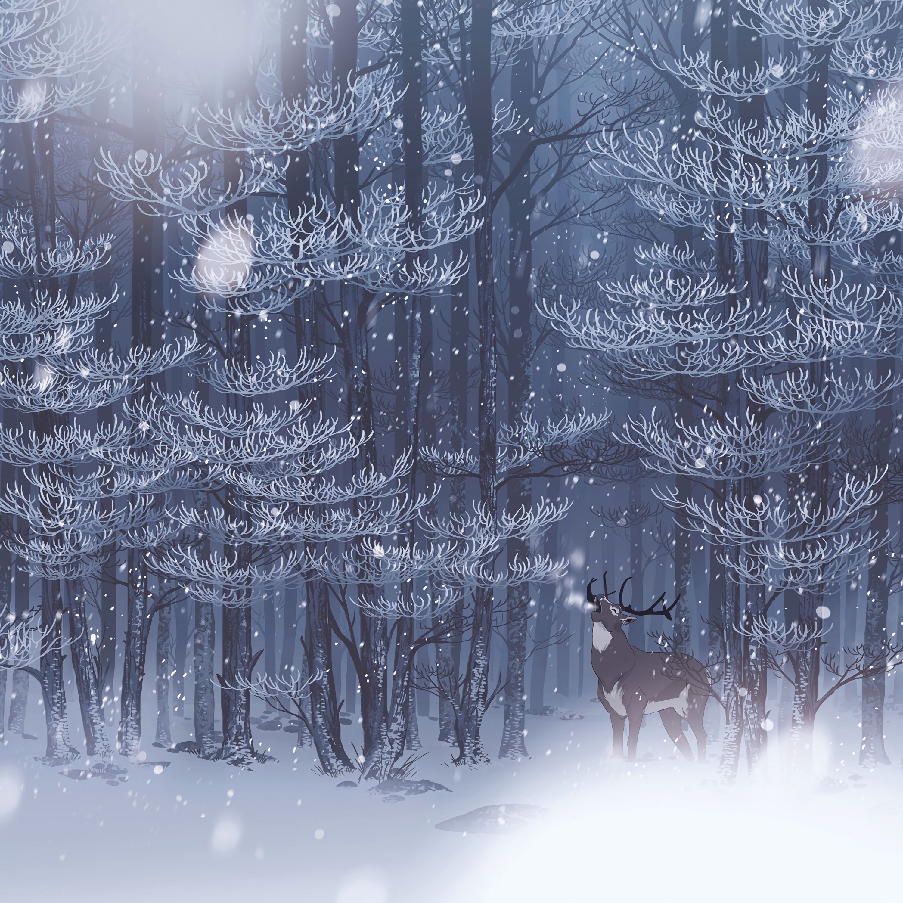 Download mobile wallpaper Snow, Forest, Wildlife, Deer, Art for free.