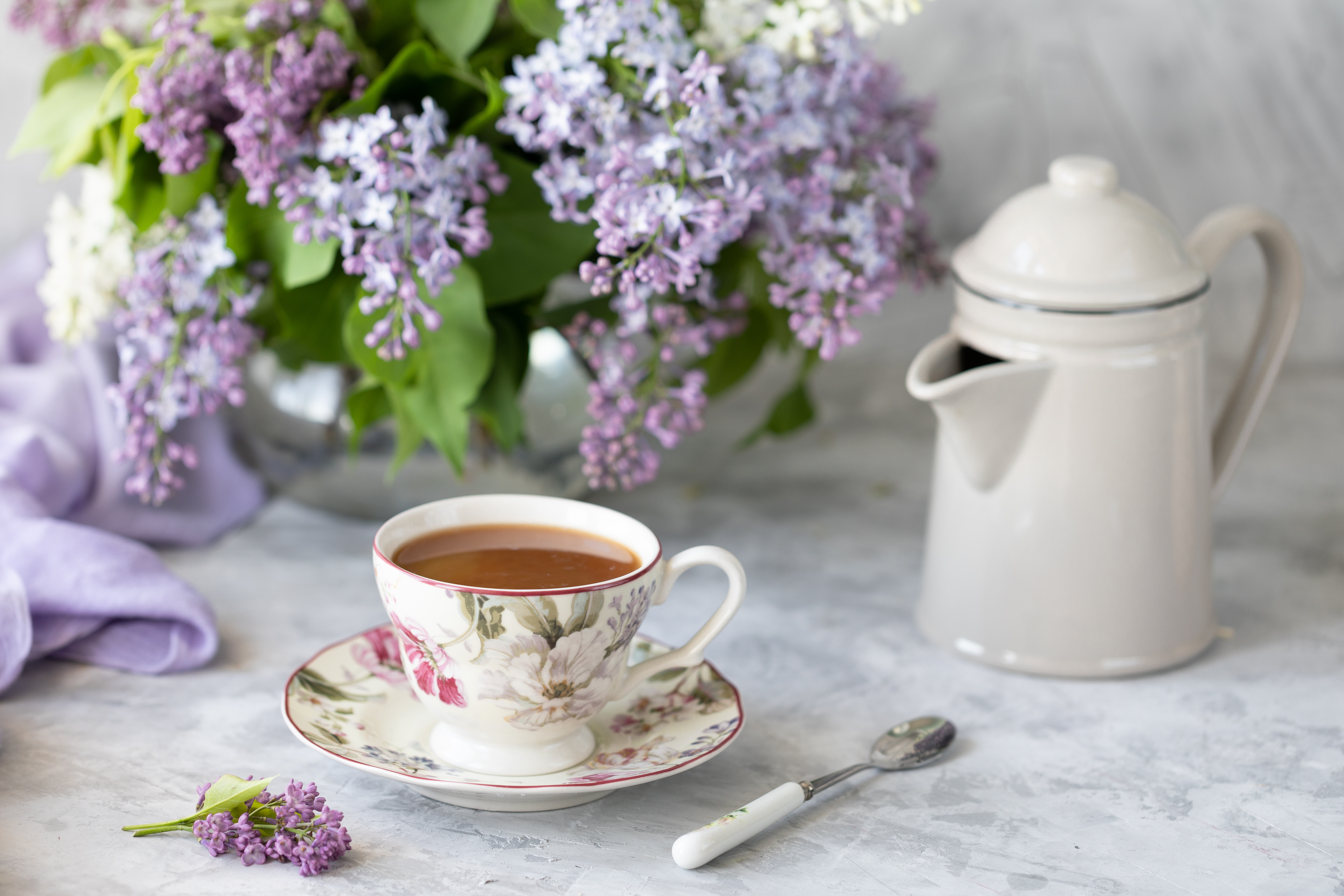 Download mobile wallpaper Food, Lilac, Still Life, Cup, Tea, Kettle for free.