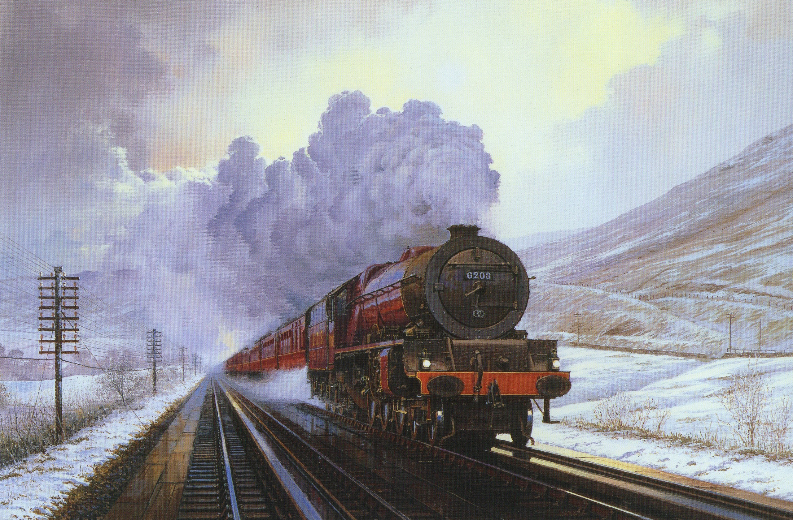 desktop Images art, smoke, canvas, painting, winter, snow, train