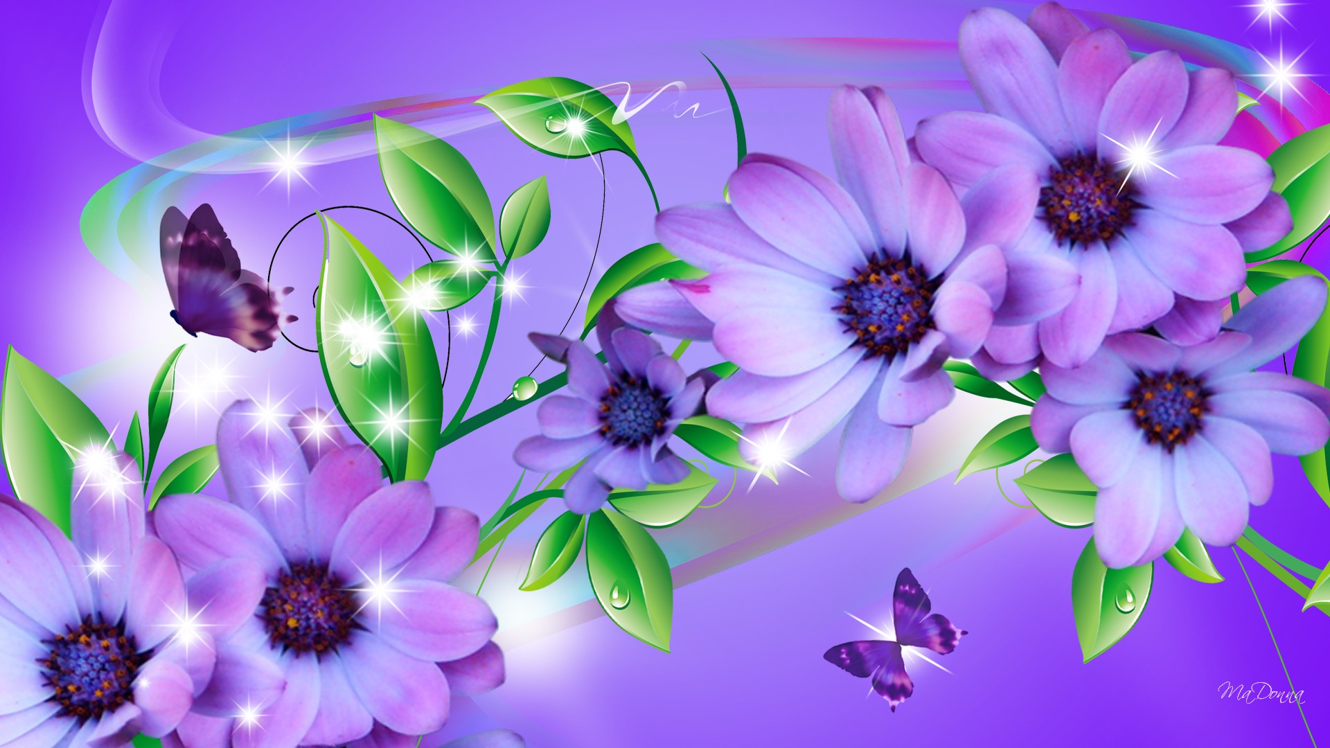 376424画像をダウンロード蝶, 芸術的, 花, デイジー, 葉, 紫の, フラワーズ-壁紙とスクリーンセーバーを無料で