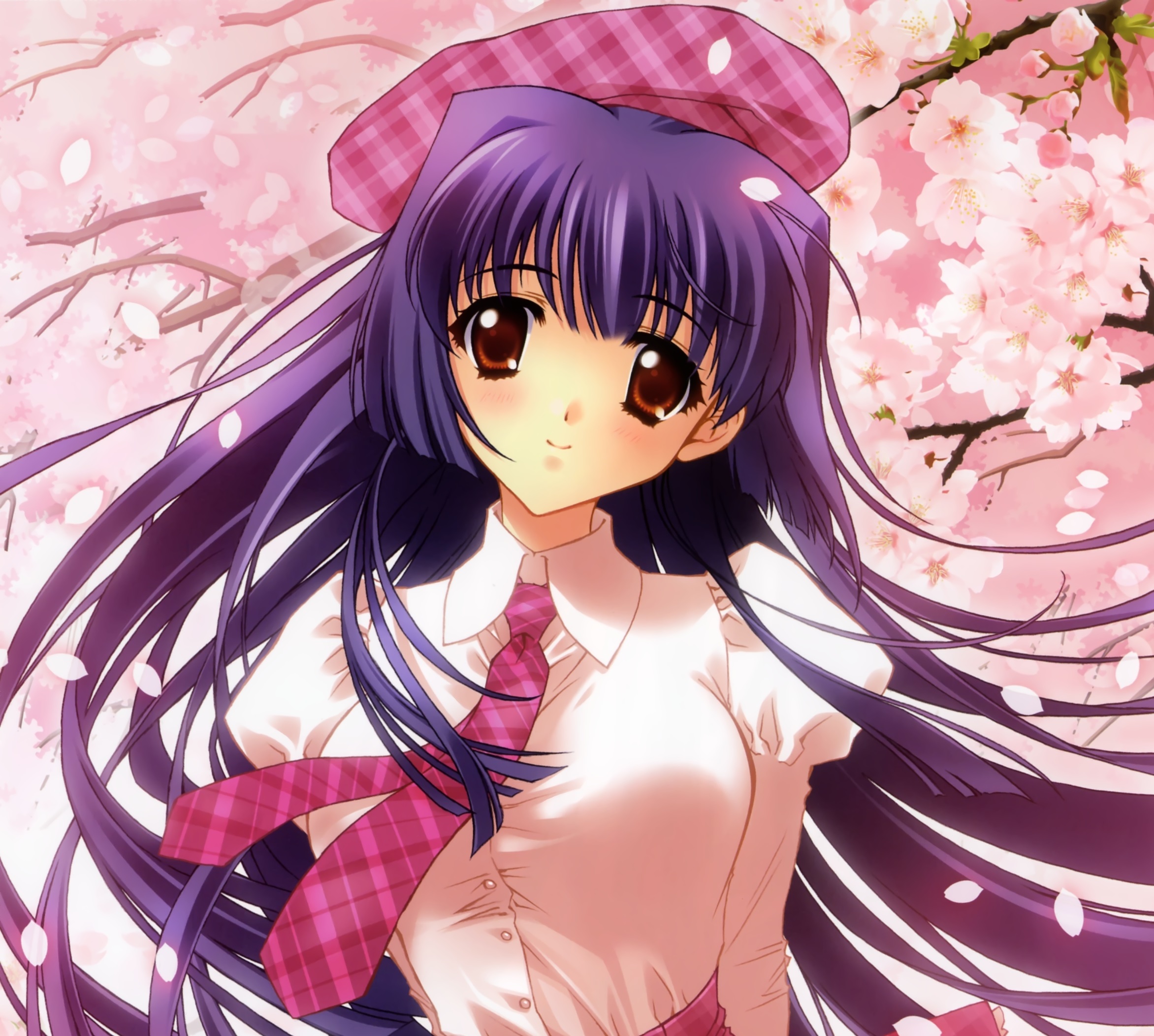 Free download wallpaper Anime, Smile, Hat, Tie, Cherry Blossom, Original, Blush, Brown Eyes, Long Hair, Purple Hair on your PC desktop