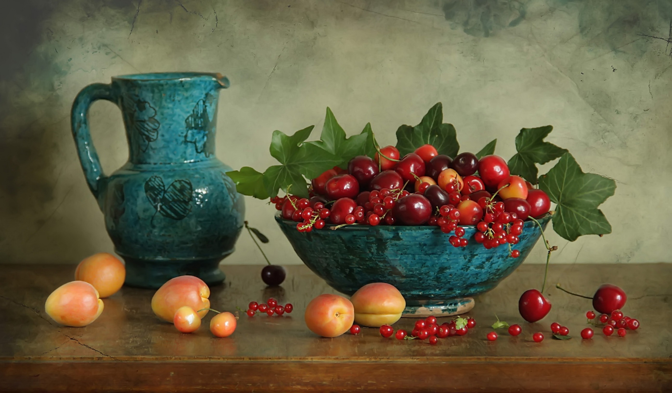 Download mobile wallpaper Food, Cherry, Still Life, Bowl, Fruit, Vase, Apricot for free.