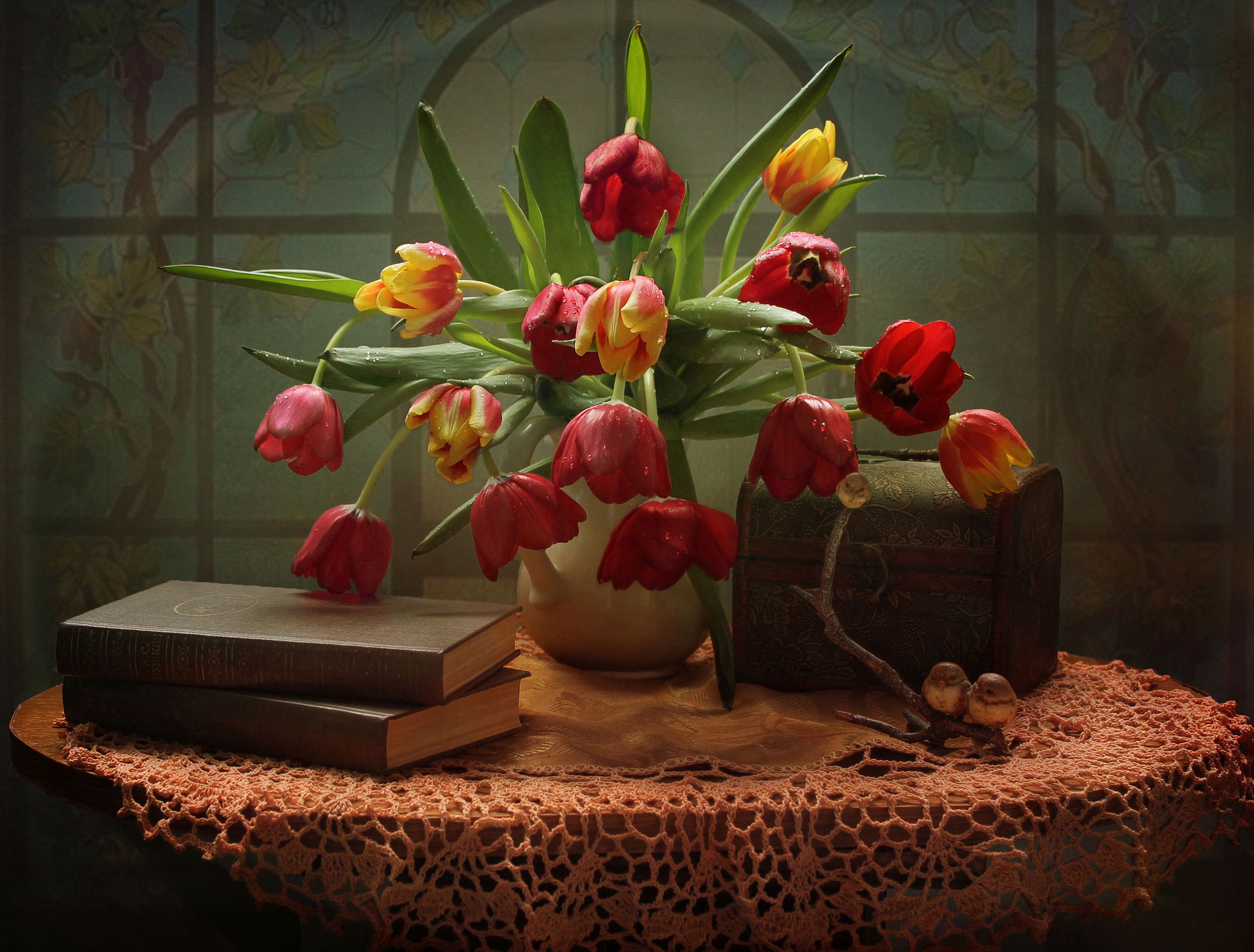 photography, still life, book, chest, red flower, tulip, vase