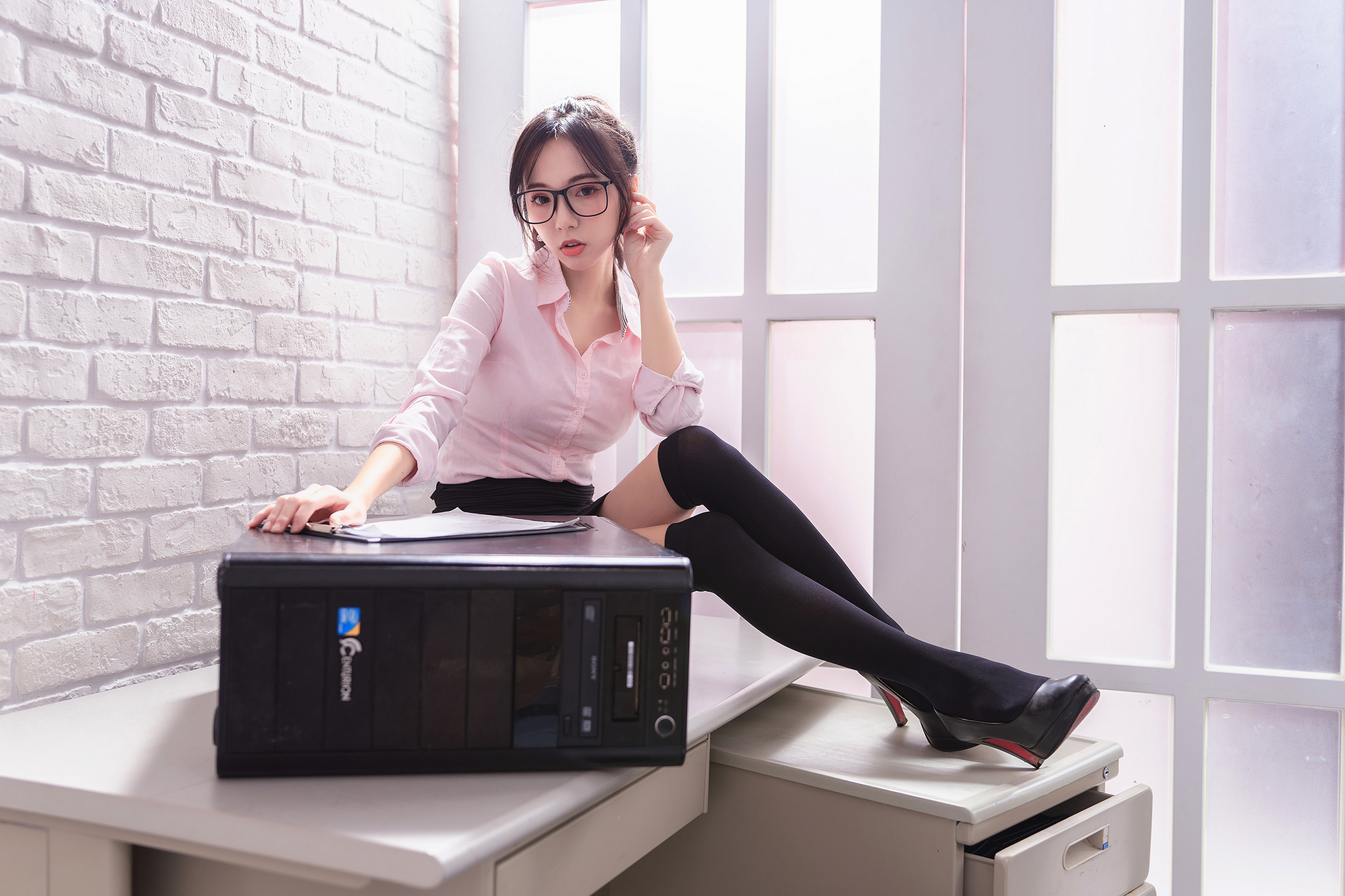 Free download wallpaper Glasses, Brunette, Model, Women, Socks, Asian, Thigh Highs on your PC desktop