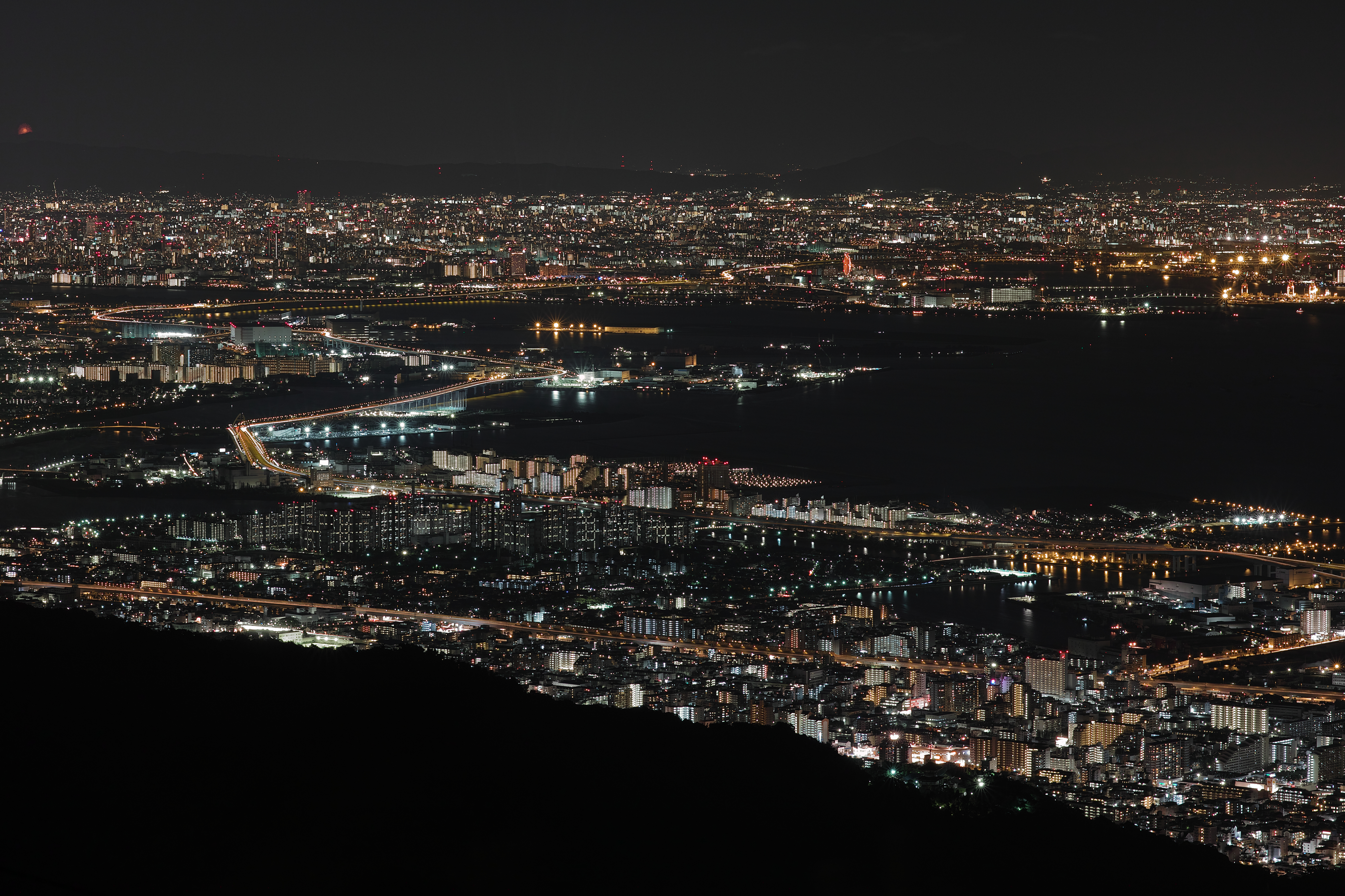 139997 télécharger le fond d'écran villes, vue d'en haut, vue d’en haut, ville de nuit, lumières de la ville, baie, japon, la baie, ossaka, osaka - économiseurs d'écran et images gratuitement