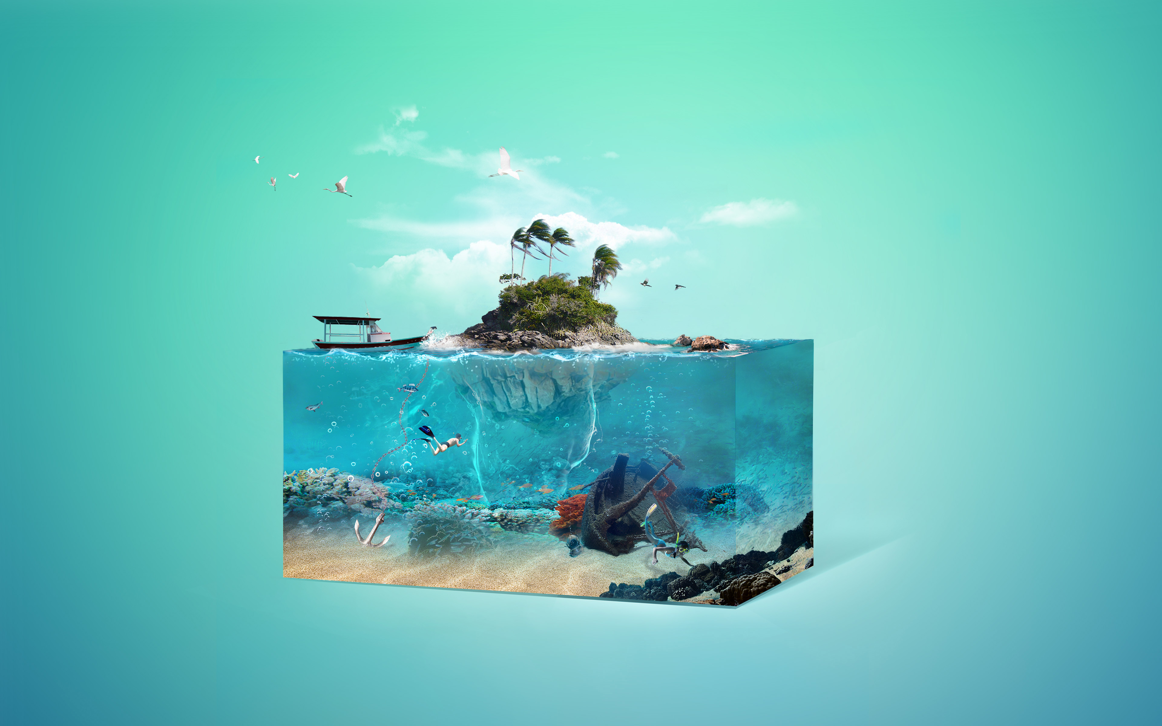 Laden Sie das Fantasie, Vogel, Boot, Insel, Wolke, Fisch-Bild kostenlos auf Ihren PC-Desktop herunter