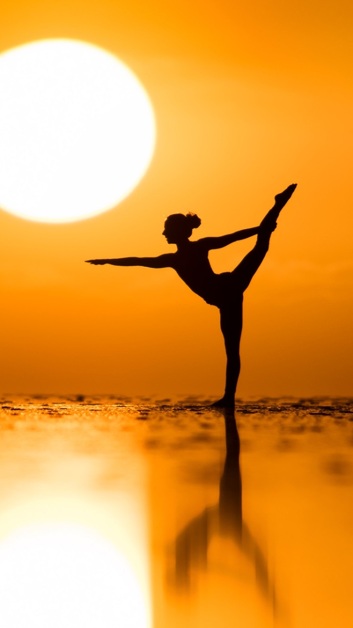 Download mobile wallpaper Sunset, Sun, Reflection, Silhouette, Women, Yoga for free.
