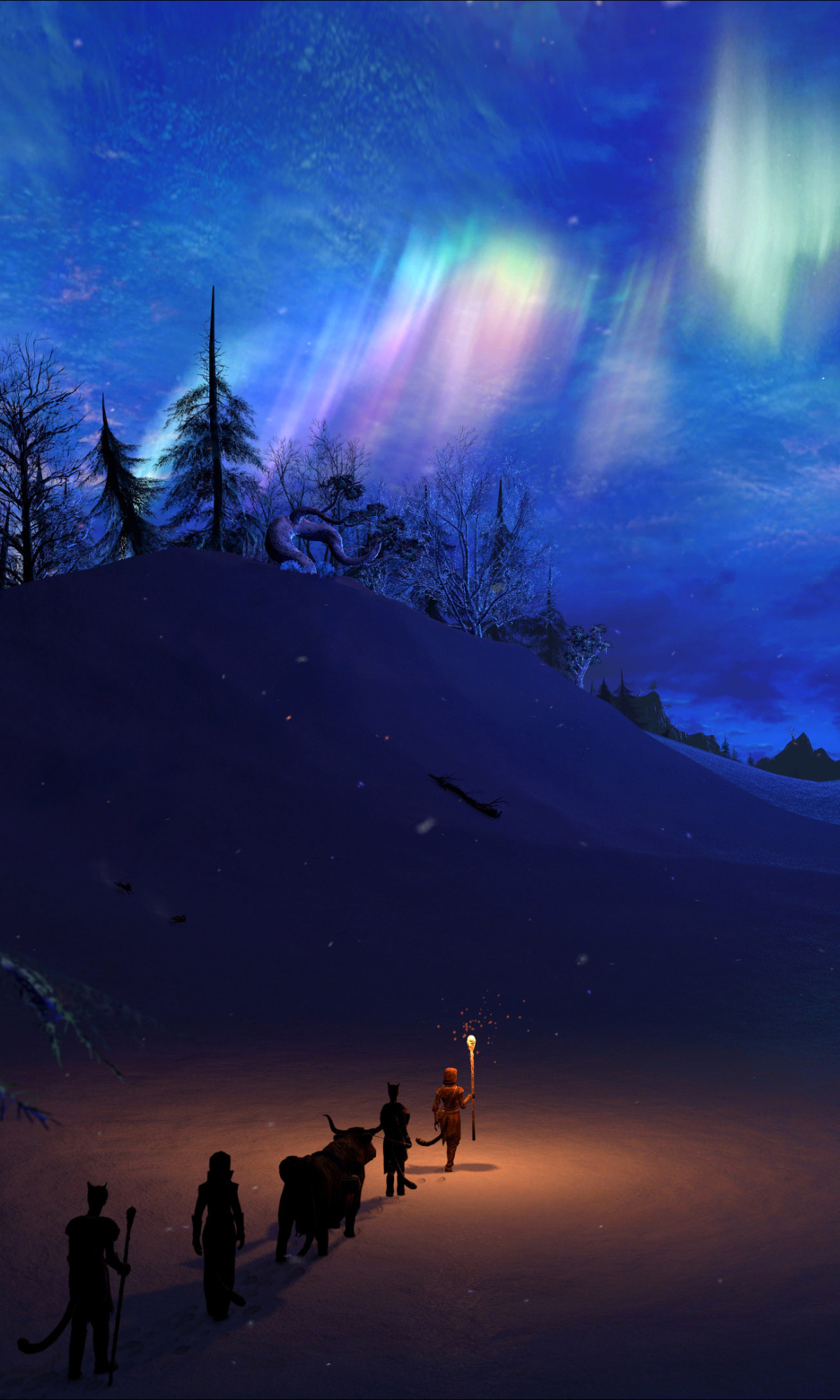 Download mobile wallpaper Winter, Fantasy, Night, Aurora Borealis for free.