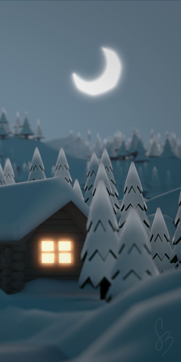 Download mobile wallpaper Winter, Moon, Snow, Tree, Artistic, Cabin for free.