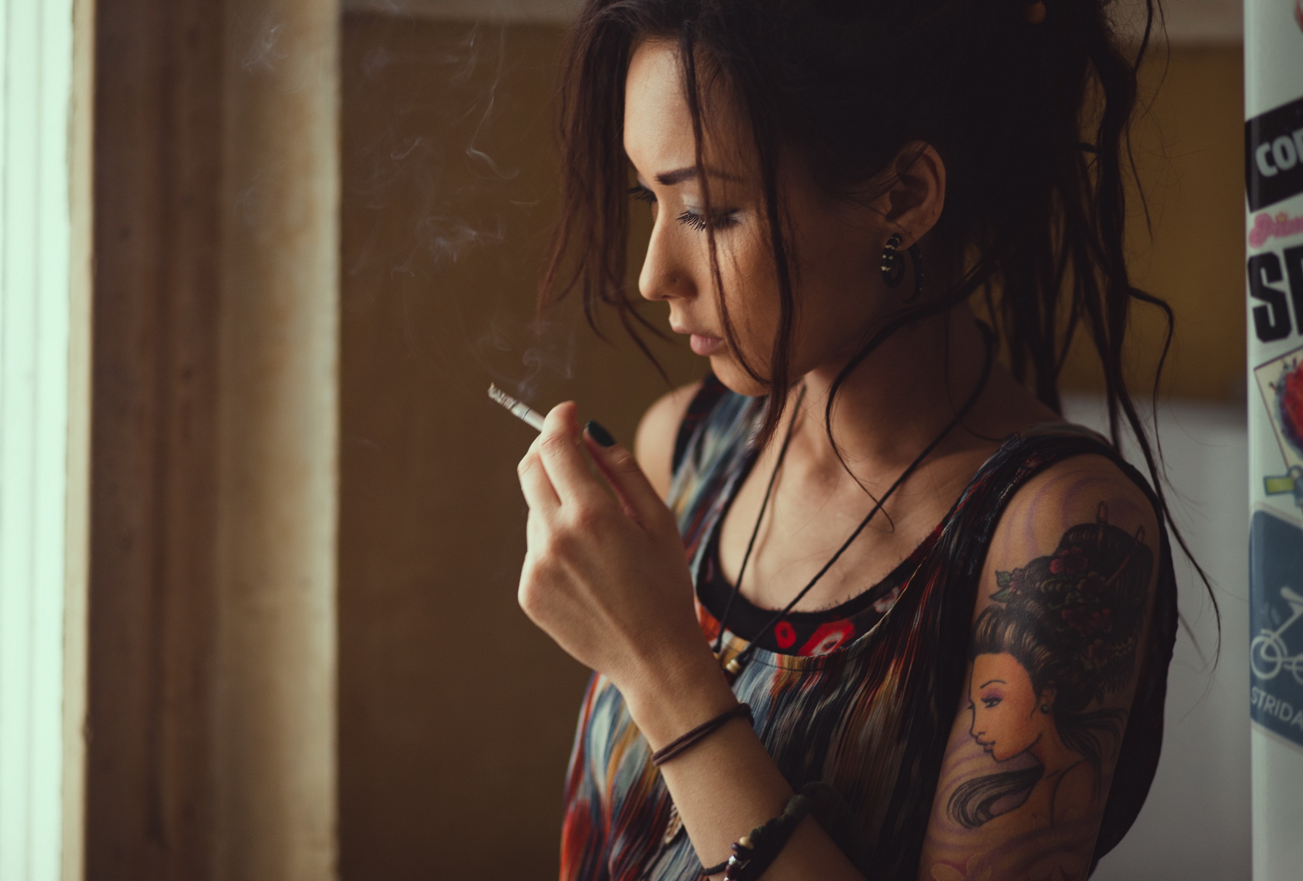 Download mobile wallpaper Tattoo, Mood, Brunette, Model, Women, Smoking for free.