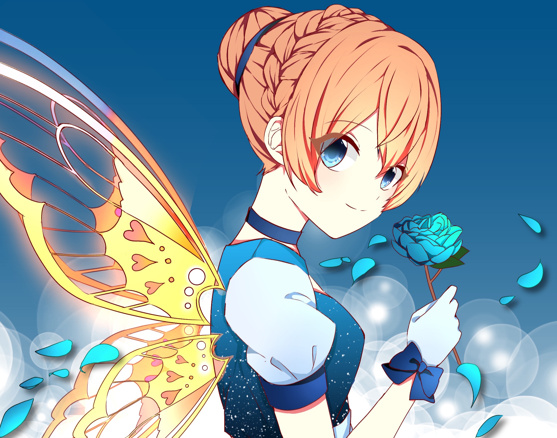 Download mobile wallpaper Anime, Flower, Wings, Blue Eyes, Original, Orange Hair for free.