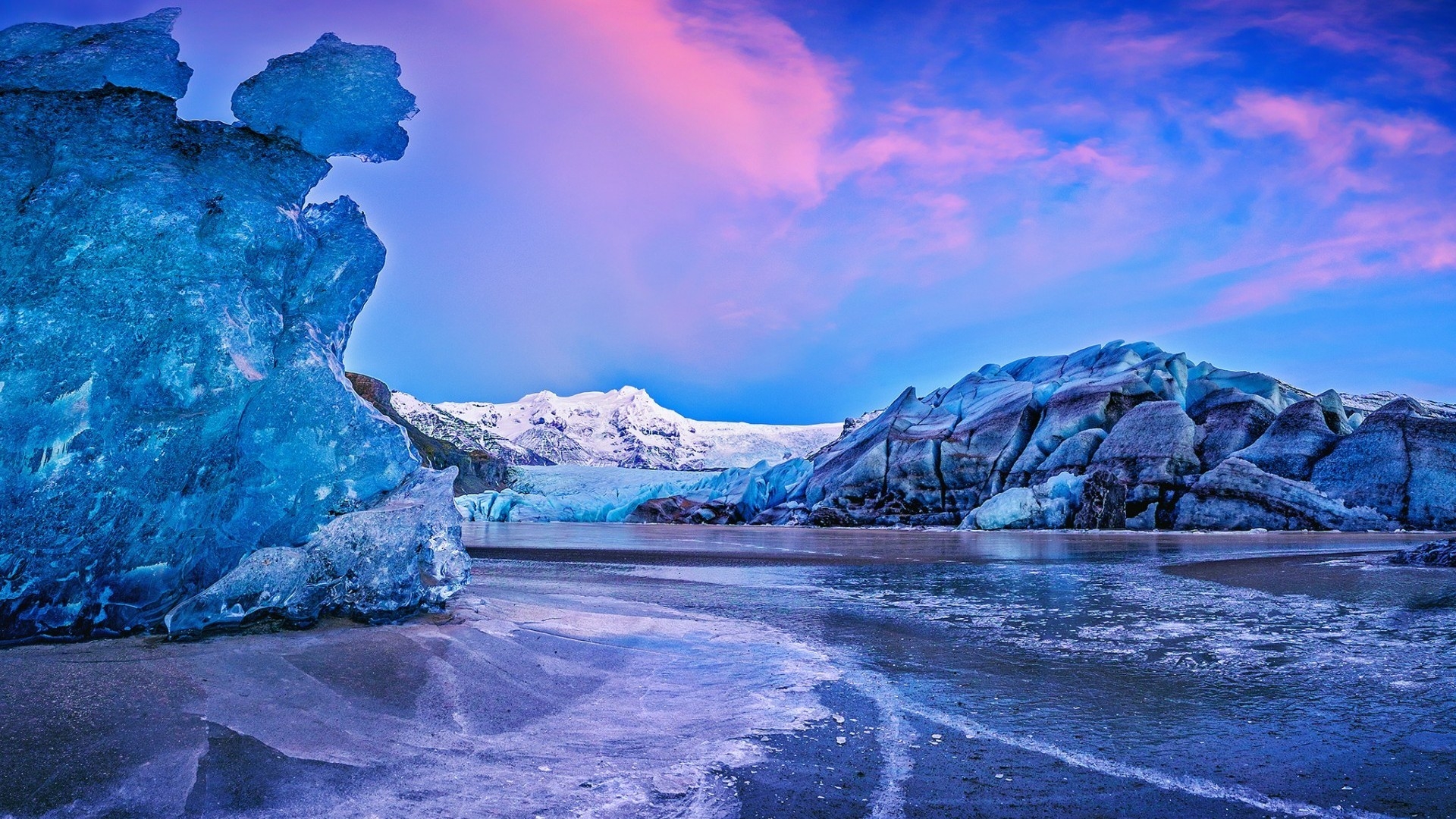Скачать картинку Зима, Закат, Озеро, Ледник, Исландия, Земля/природа в телефон бесплатно.