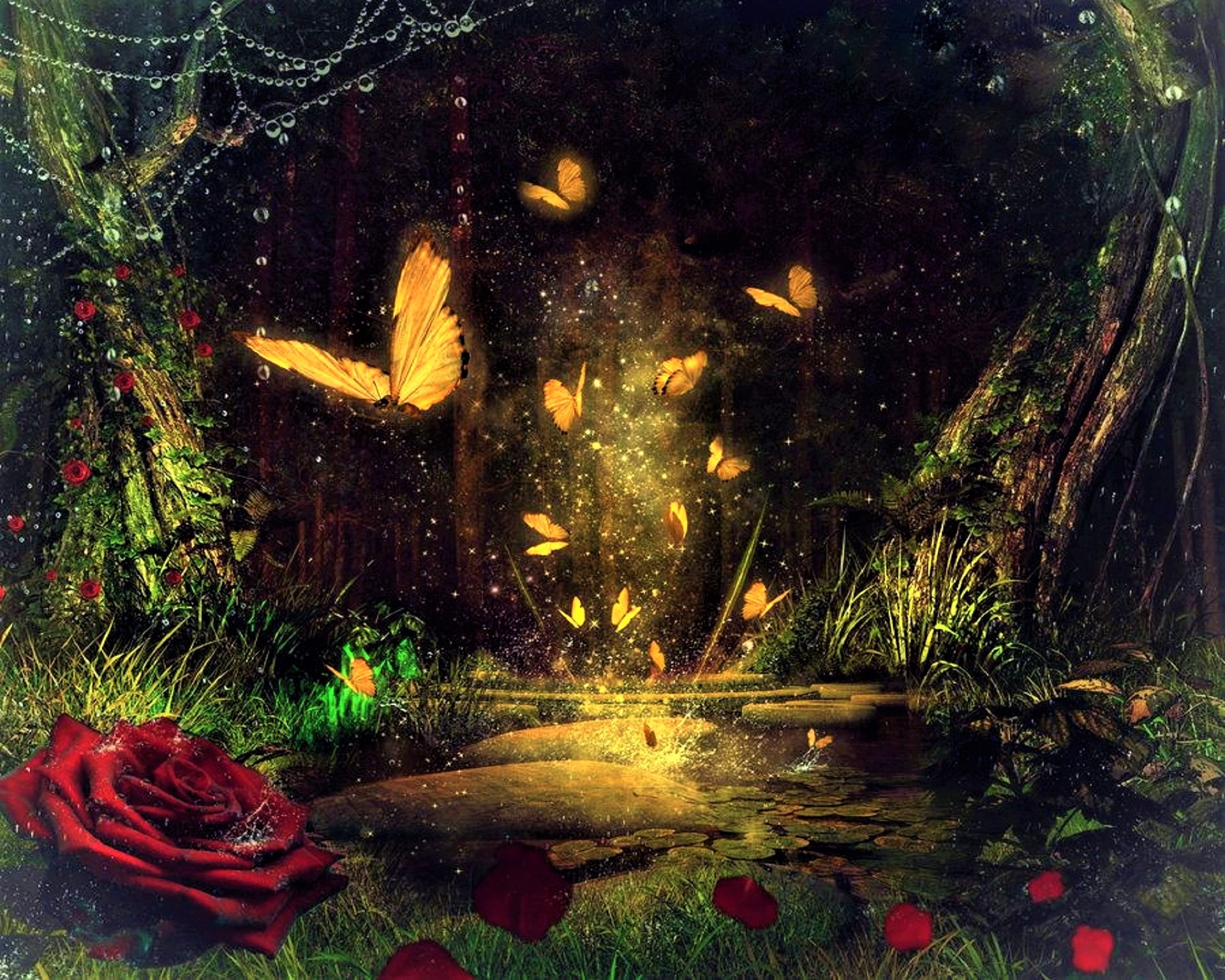 Скачать обои бесплатно Магия, Лес, Роза, Бабочка, Фантазия, Художественные картинка на рабочий стол ПК