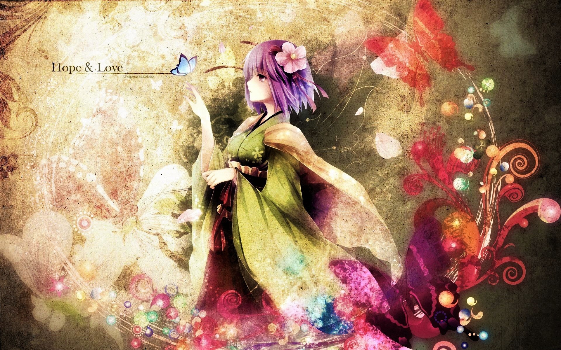 Free download wallpaper Anime, Flower, Butterfly, Colorful, Touhou, Short Hair, Purple Hair on your PC desktop