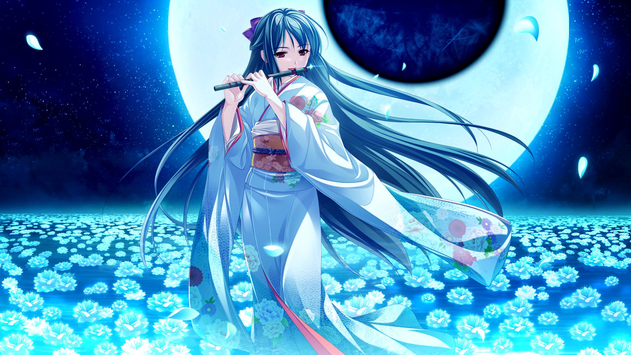 684497 descargar imagen animado, tsukumo no kanade, pelo azul, flor, flauta, ropa japonesa, kimono, pelo largo, luna, noche, disfraz tradicional: fondos de pantalla y protectores de pantalla gratis