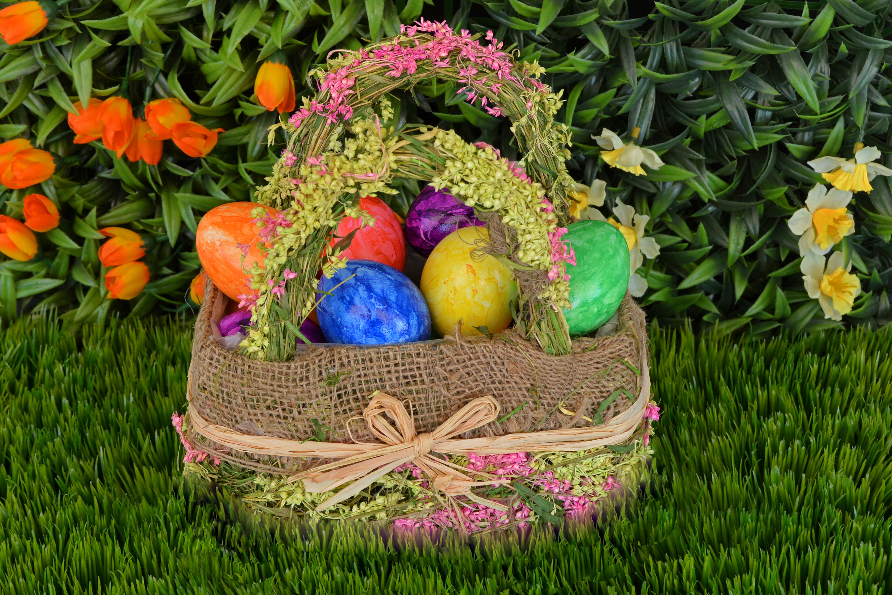Download mobile wallpaper Grass, Easter, Flower, Holiday, Basket, Easter Egg for free.