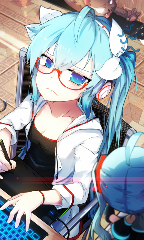 Download mobile wallpaper Anime, Headphones, Plant, Vocaloid, Glasses, Computer, Hatsune Miku, Aqua Eyes, Aqua Hair, Twintails, Chibi for free.
