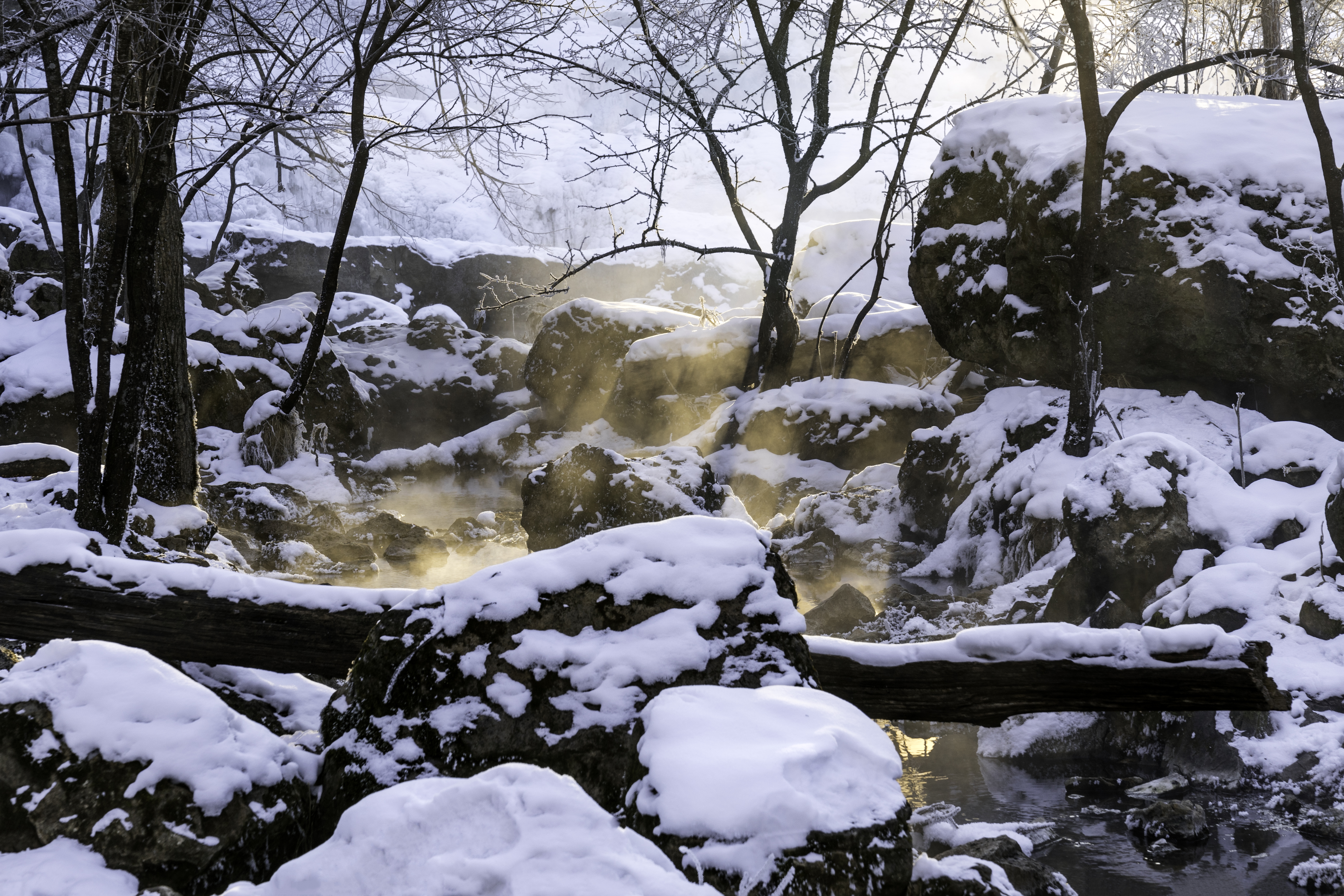 Free download wallpaper Winter, Nature, Snow, Rocks, Steam, Glow on your PC desktop