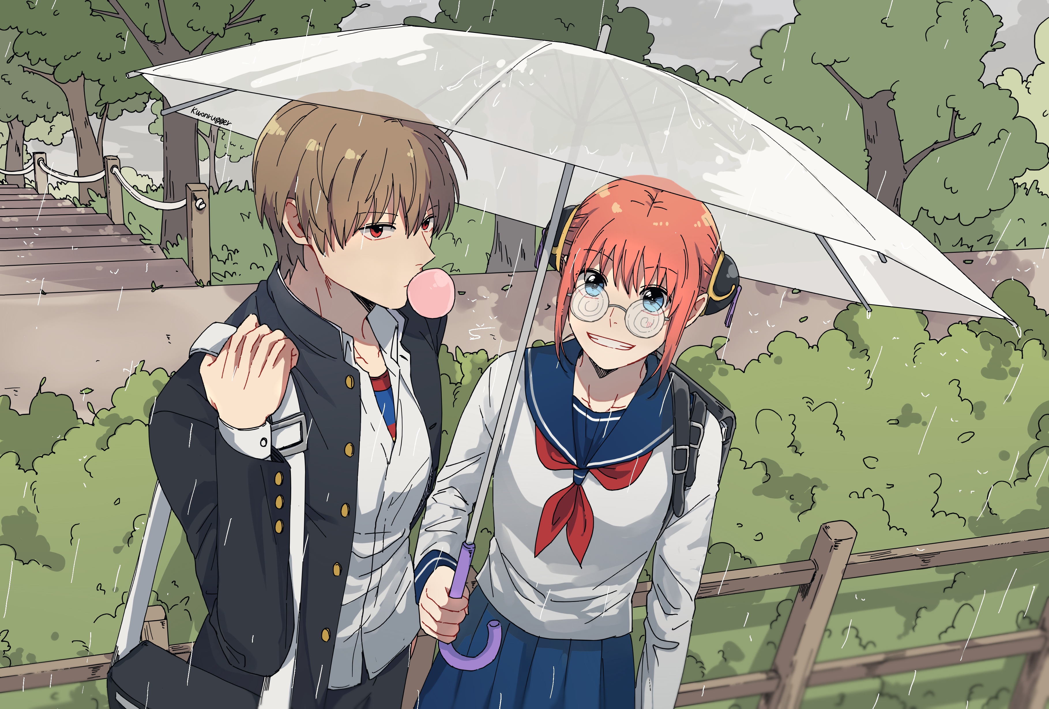 anime, gintama, kagura (gintama), okita sougo, rain, umbrella
