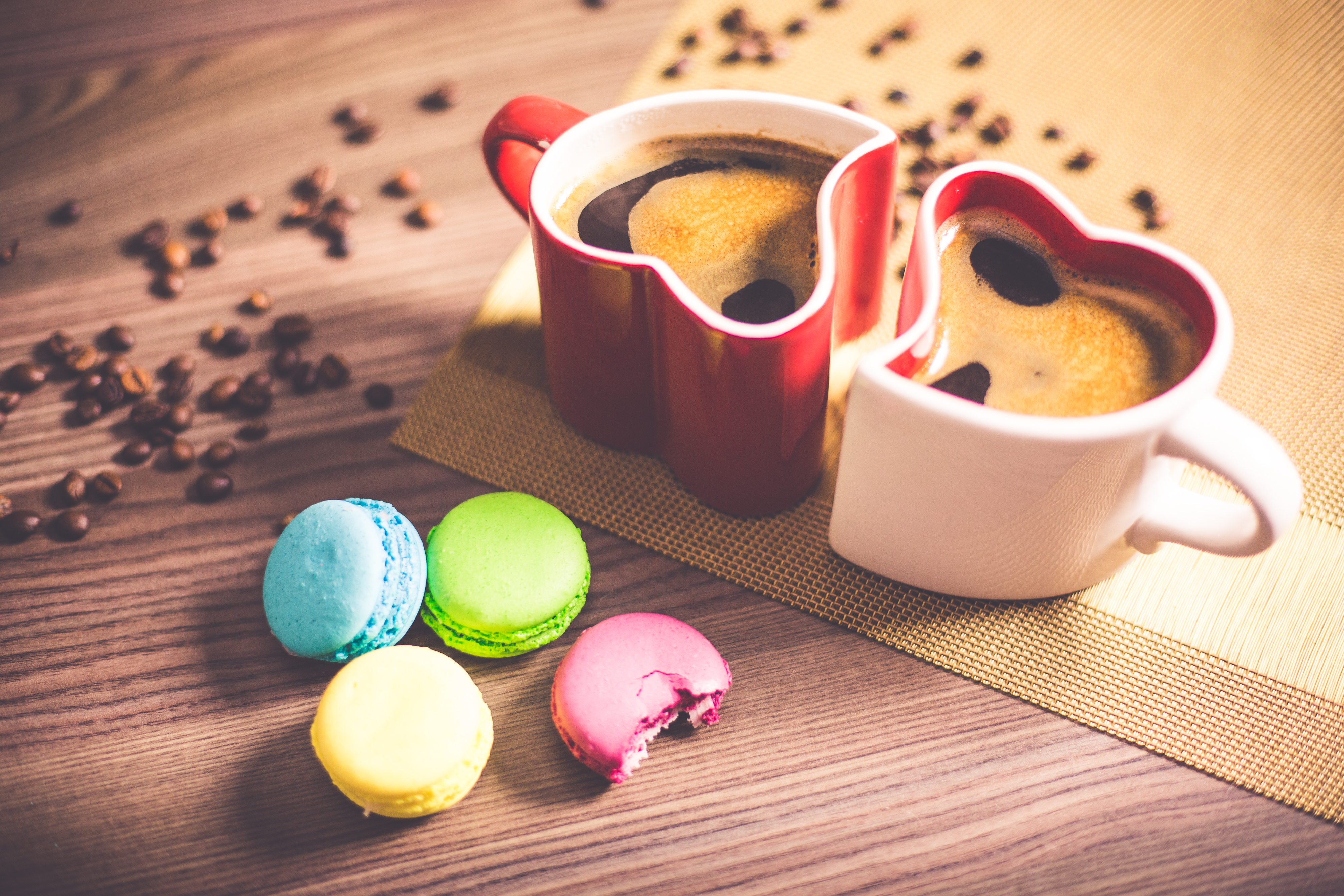 Download mobile wallpaper Food, Coffee, Cup, Coffee Beans, Macaron, Heart Shaped for free.