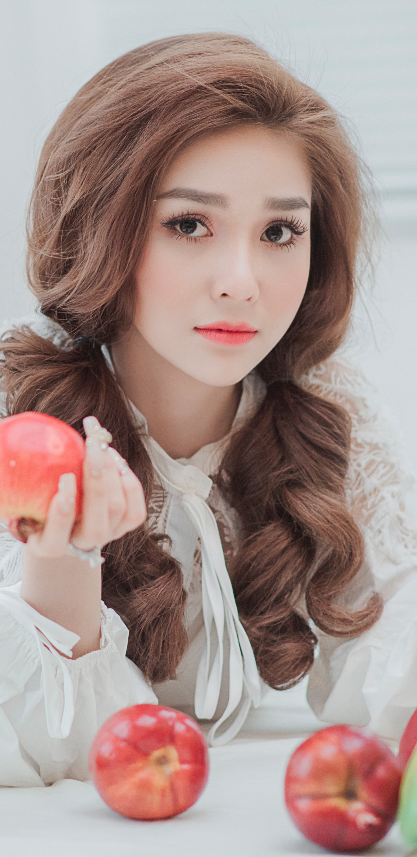 Download mobile wallpaper Apple, Fruit, Brunette, Model, Women, Asian, Brown Eyes, Twintails for free.