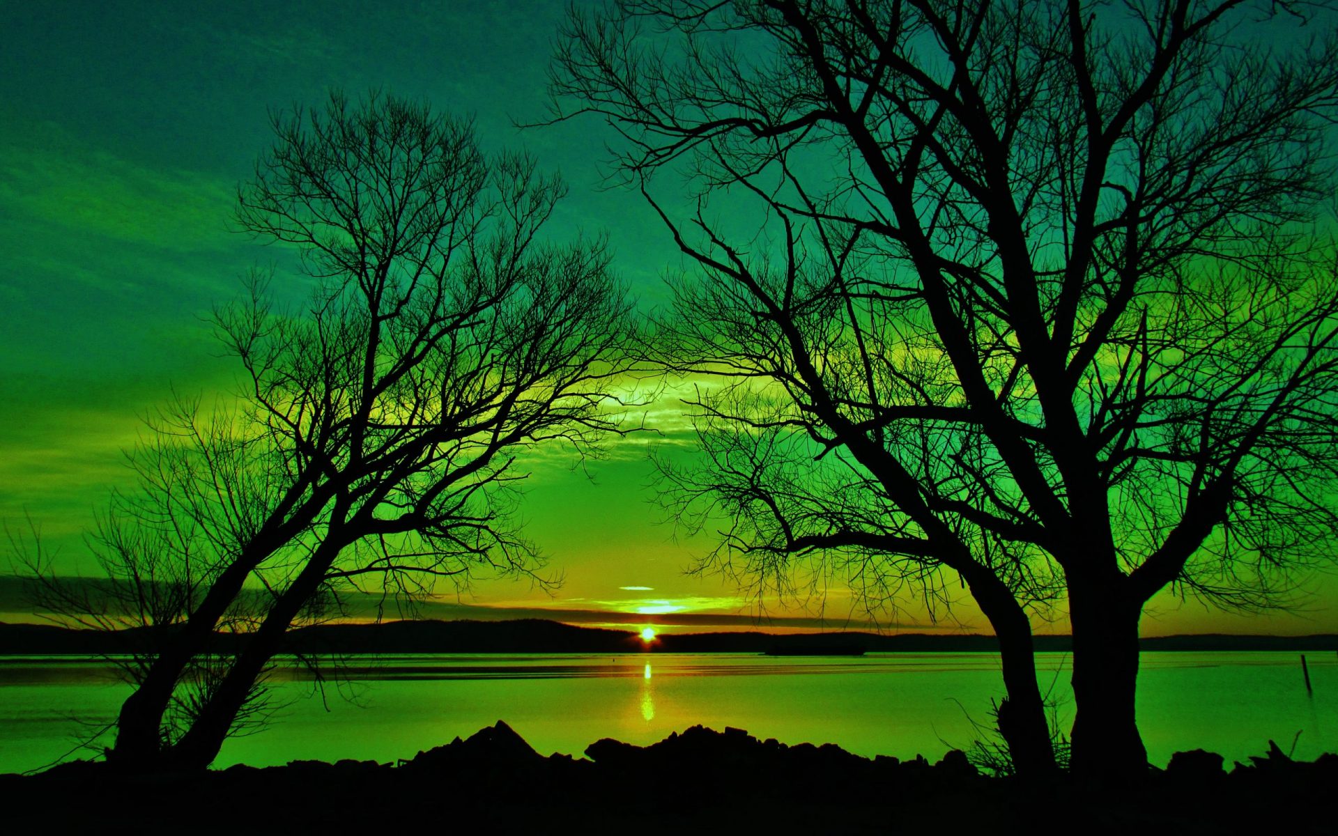 Laden Sie das See, Silhouette, Baum, Himmel, Sonnenuntergang, Sonne, Erde/natur-Bild kostenlos auf Ihren PC-Desktop herunter