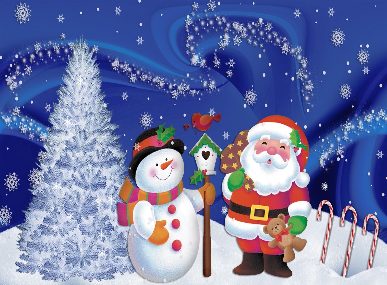 146658 Hintergrundbild herunterladen weihnachten, weihnachtsmann, schneeflocken, feiertage, schneemann, weihnachtsbaum, postkarte - Bildschirmschoner und Bilder kostenlos