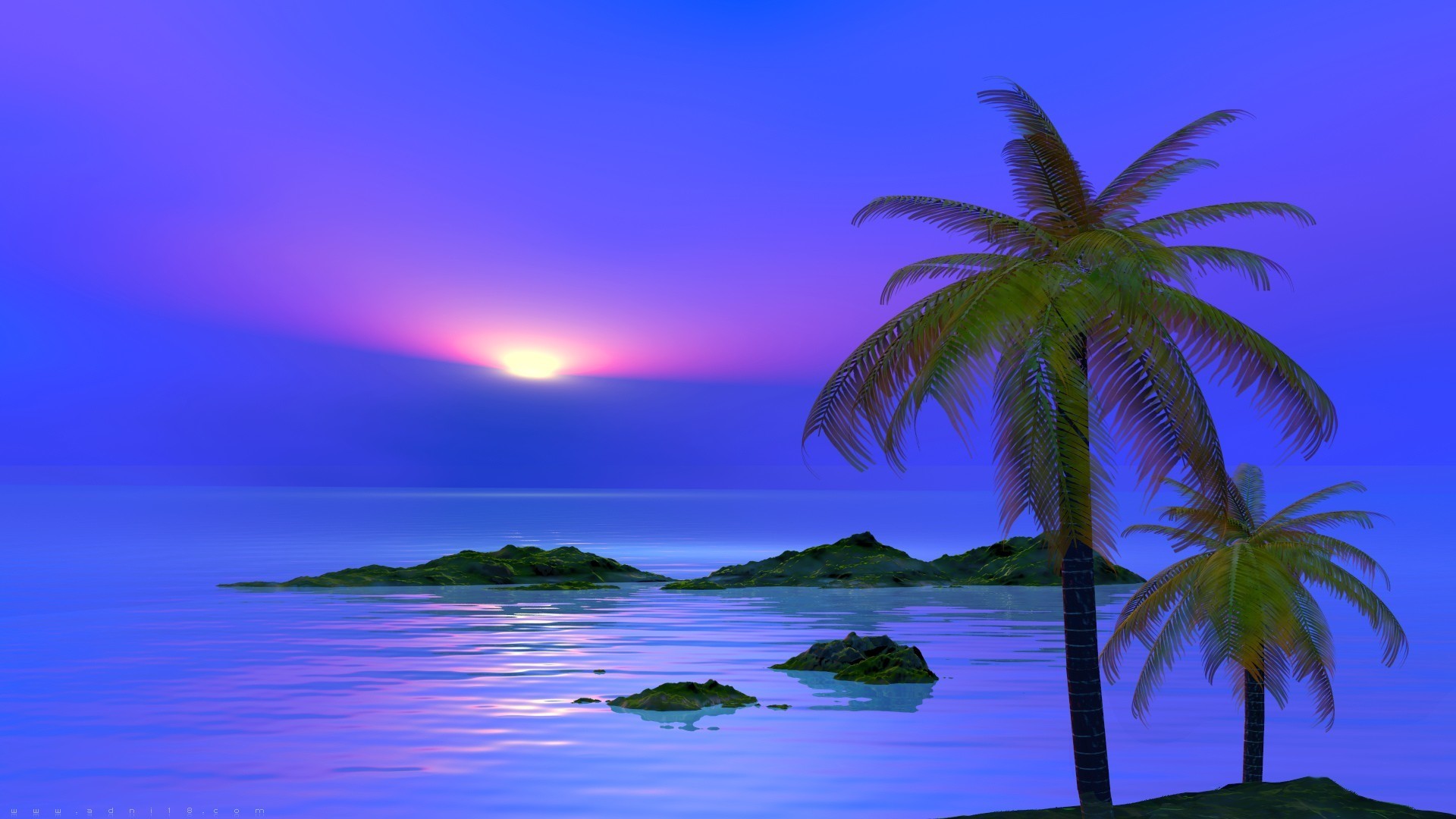 Free download wallpaper Landscape, Sunset, Sun, 3D, Ocean, Earth, Artistic, Tropical, Cgi, Palm Tree on your PC desktop