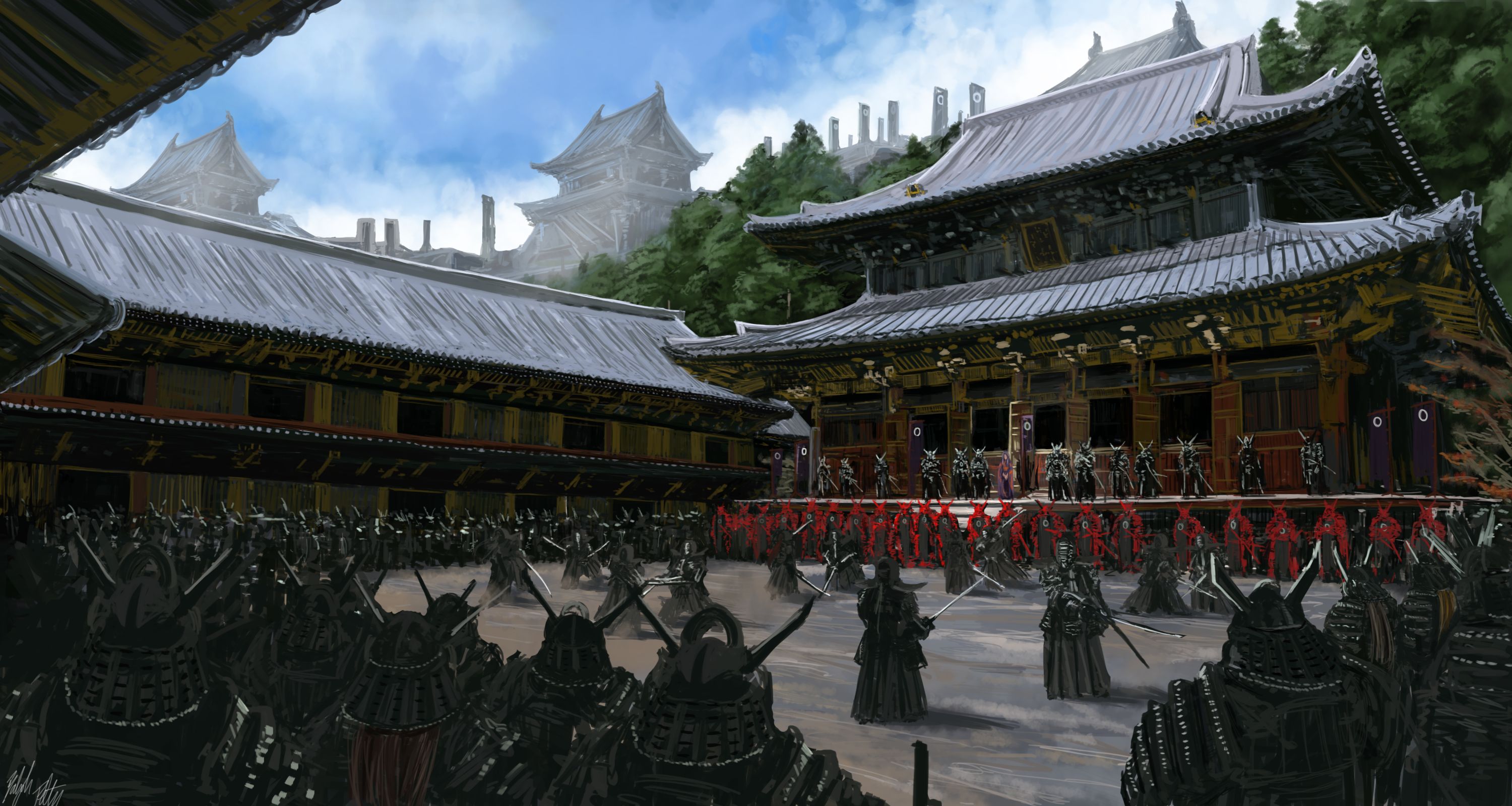 Download mobile wallpaper Fantasy, Building, Warrior, Samurai, Katana for free.