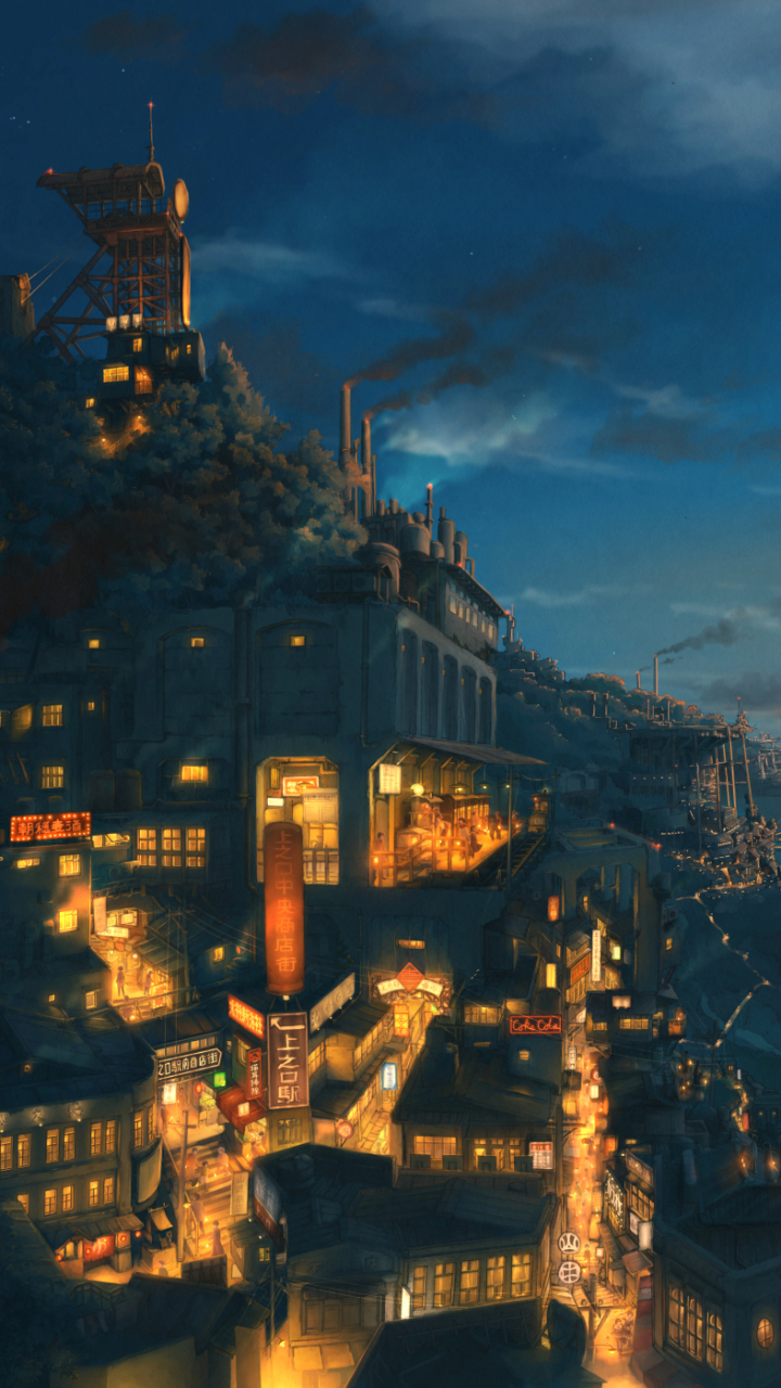 Download mobile wallpaper Anime, Landscape, Sky, City, Light, Tree, Cloud, Original for free.