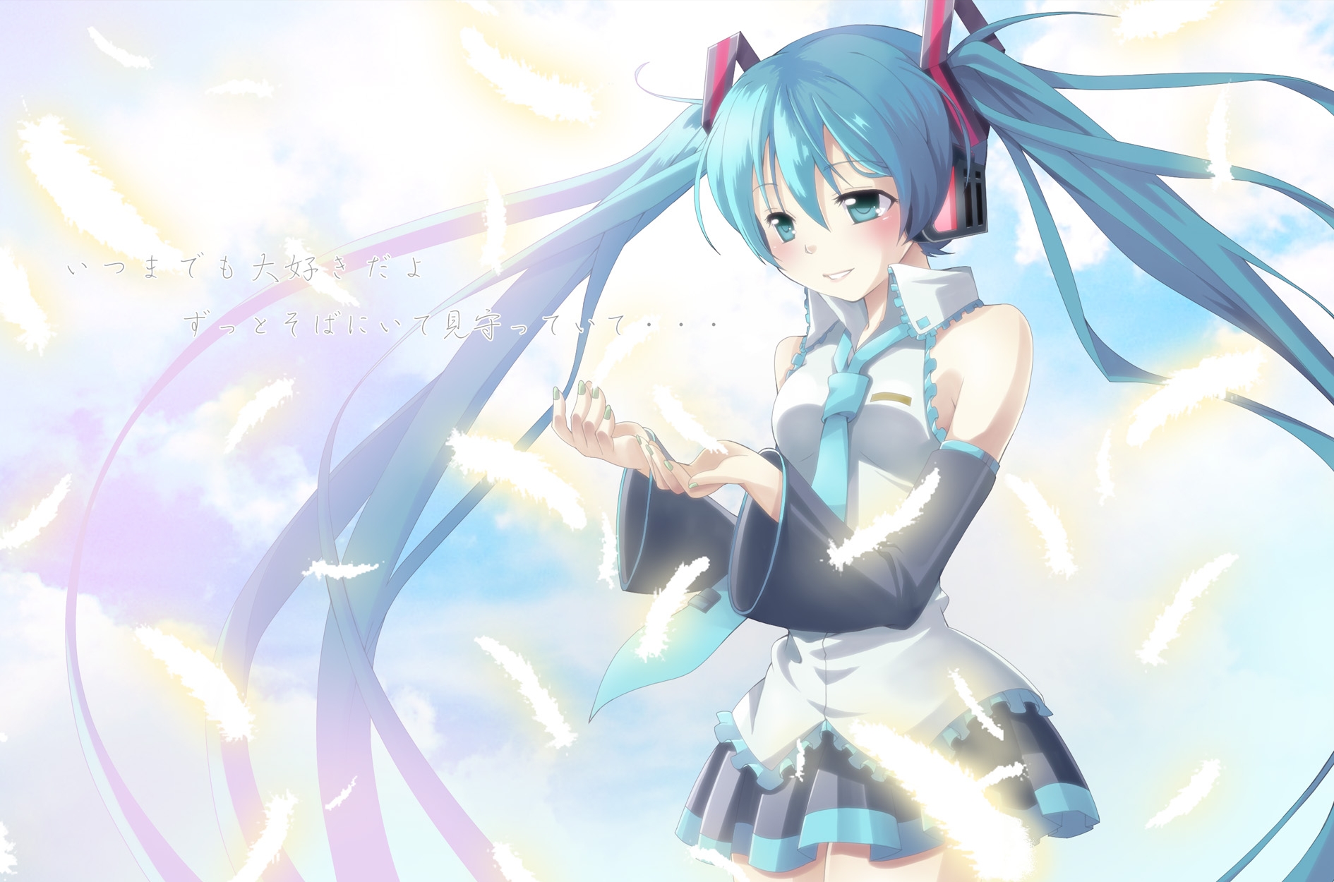 Download mobile wallpaper Cgi, Feather, Vocaloid, Hatsune Miku, Headphones, Cute, Anime for free.