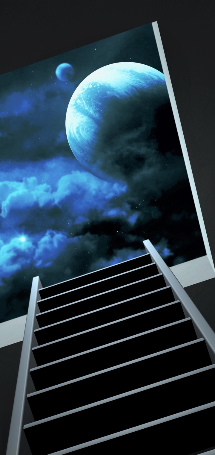 artistic, space, blue, ladder, planet, cloud HD wallpaper