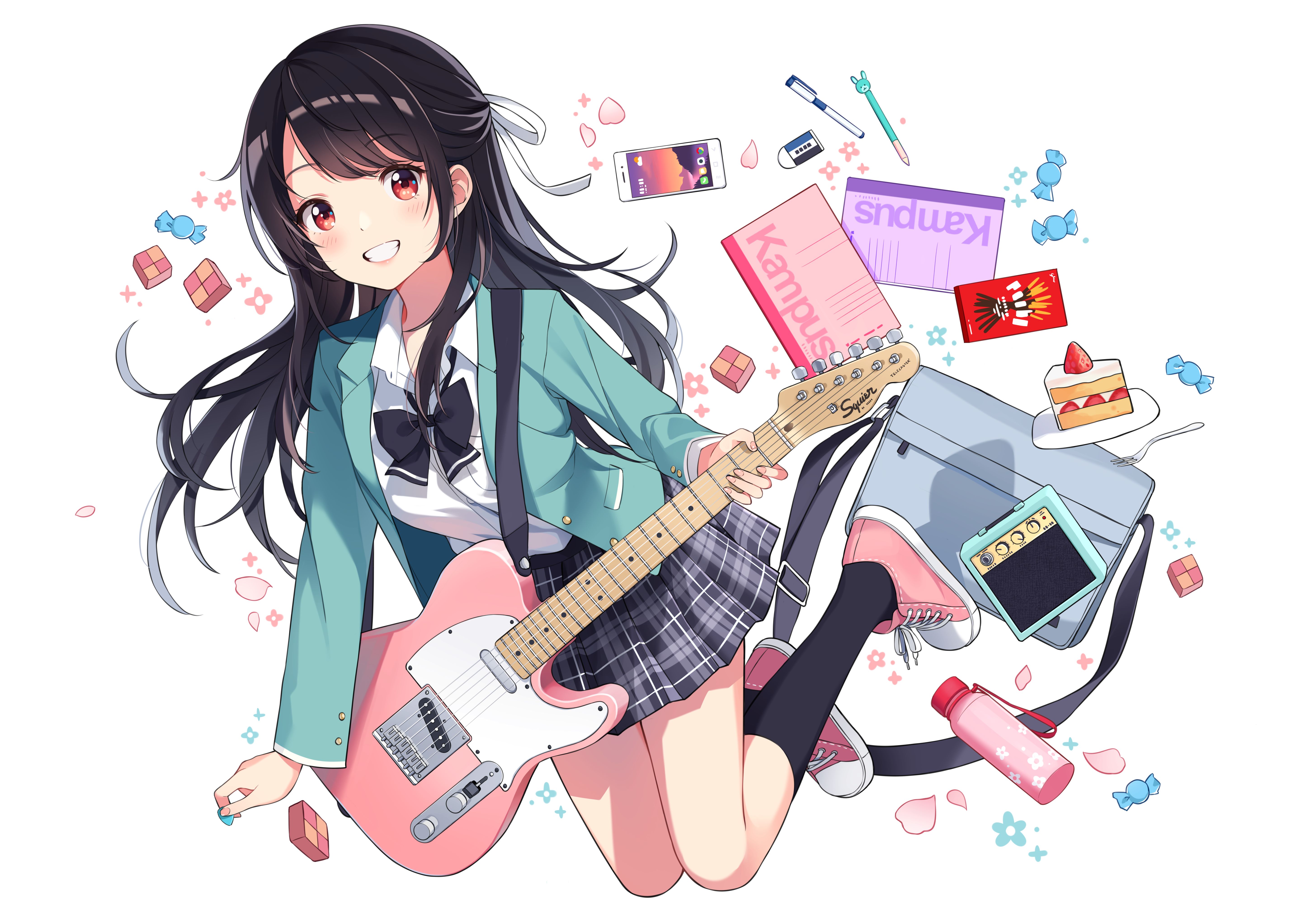 Baixar papel de parede para celular de Anime, Guitarra, Garota, Saia, Uniforme Escolar, Olhos Vermelhos, Cabelo Preto, Instrumento gratuito.