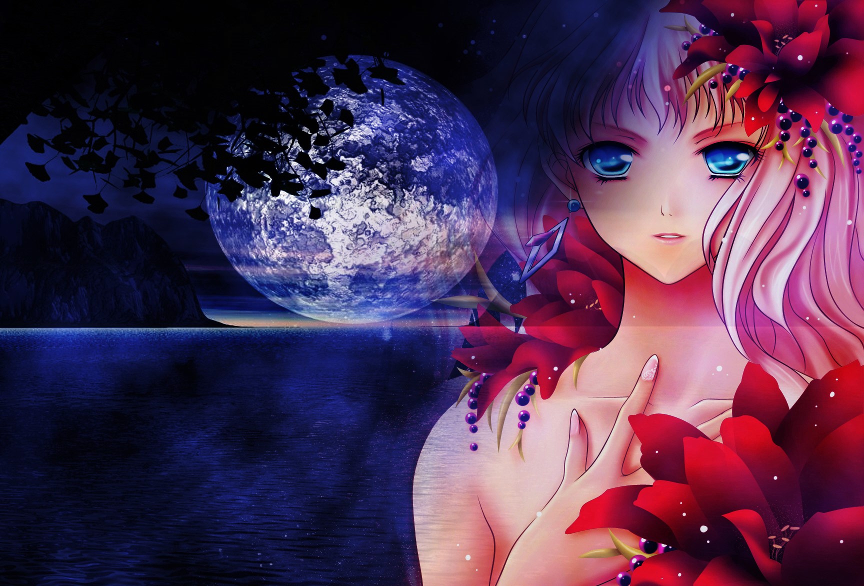 Download mobile wallpaper Anime, Fantasy, Night, Moon, Flower, Girl, Blue Eyes for free.