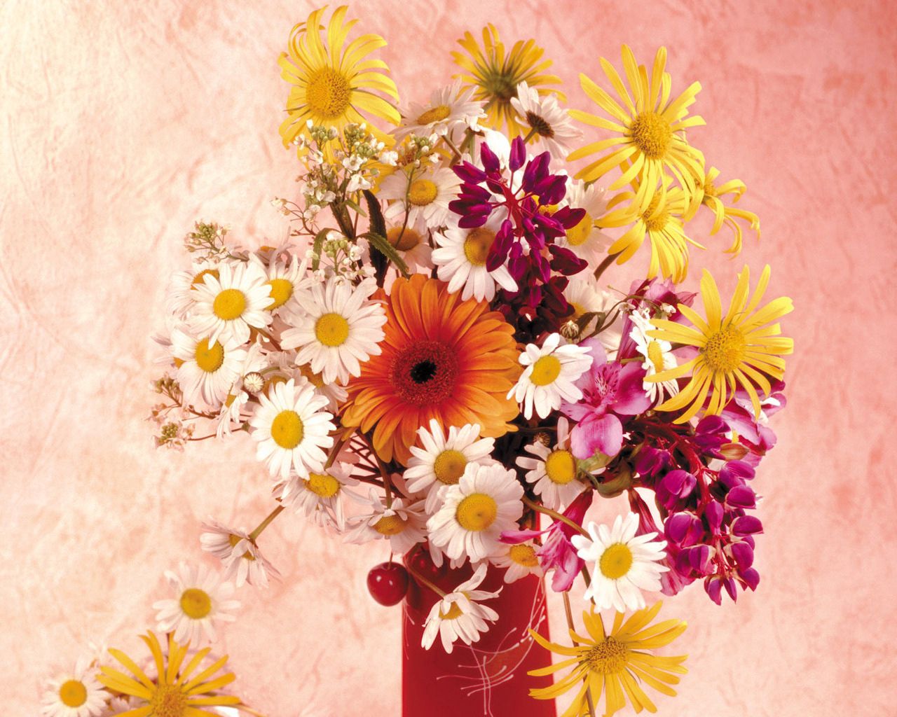 Download mobile wallpaper Bouquet, Composition, Camomile, Vase, Flowers, Gerberas, Cherry for free.