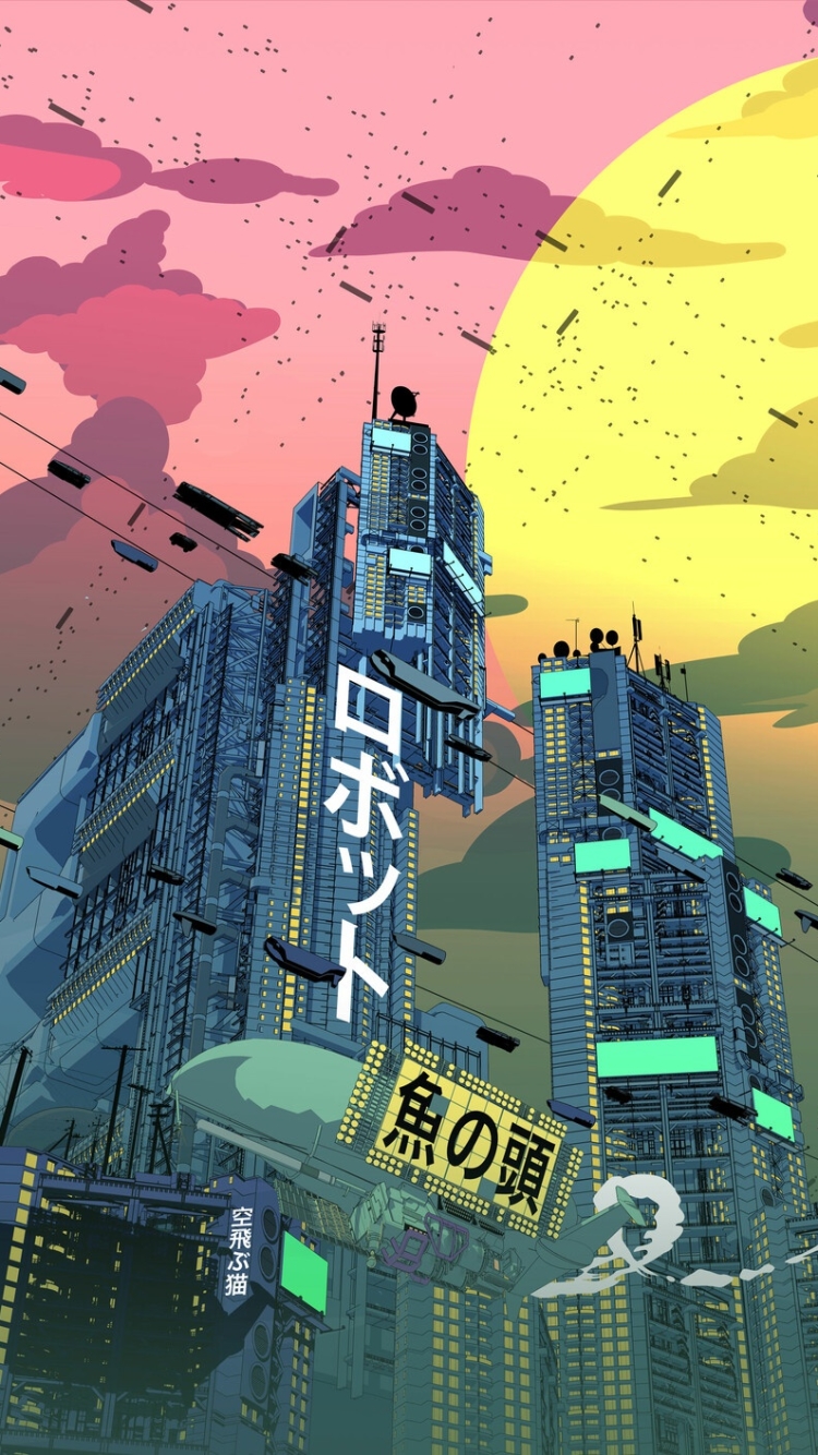 Download mobile wallpaper Sun, City, Skyscraper, Building, Sci Fi, Cloud, Japanese, Futuristic for free.