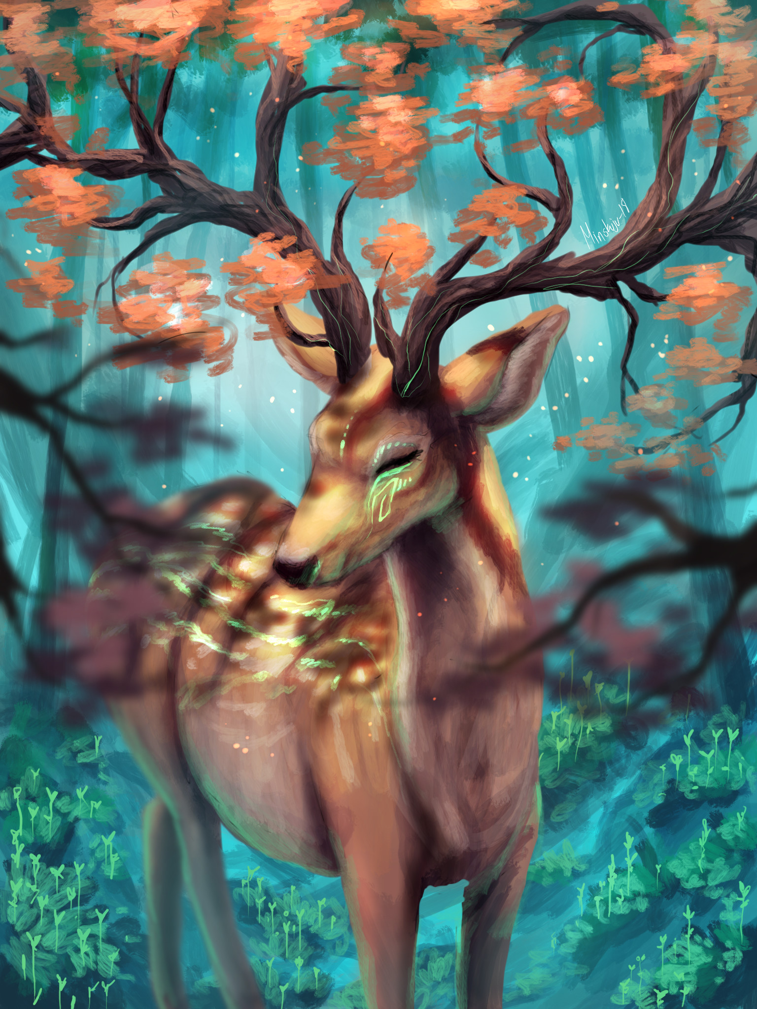 deer, art, branches, horns